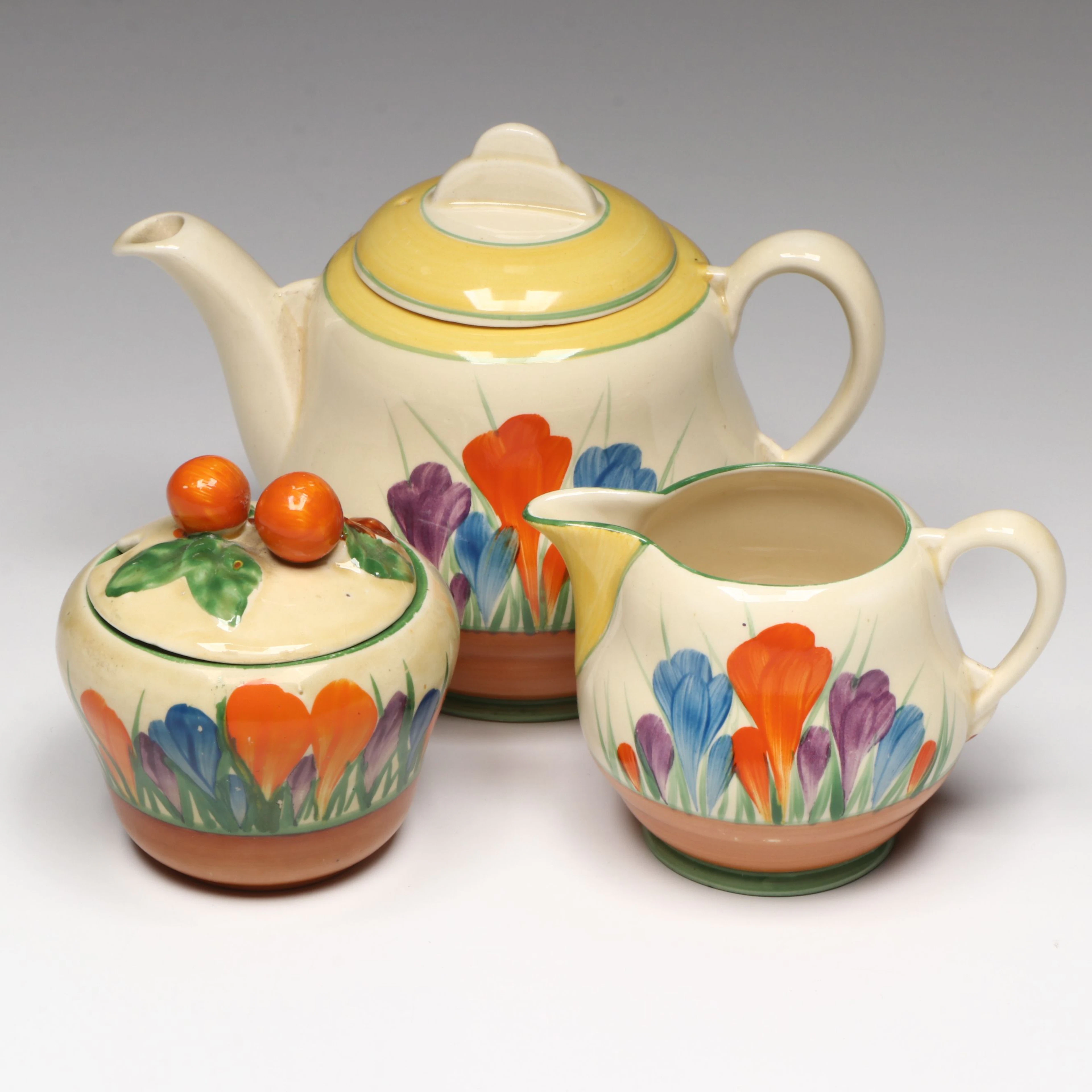 Clarice Cliff "Crocus" Bizarre Ceramic Teapot, Creamer and Sugar