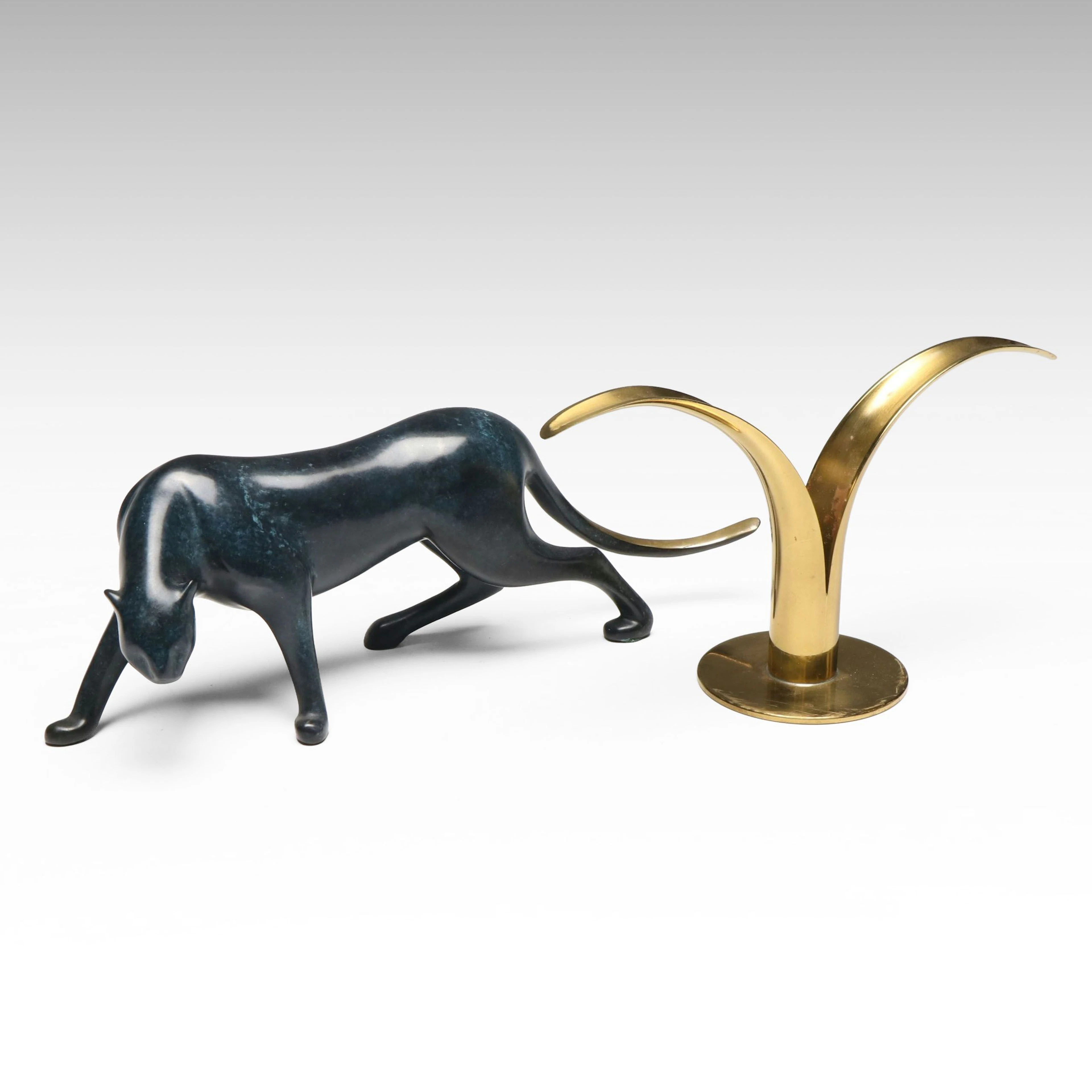 Loet Vanderveen Patinated Bronze Panther with Ystad-Metall "Lily" Candle Holder