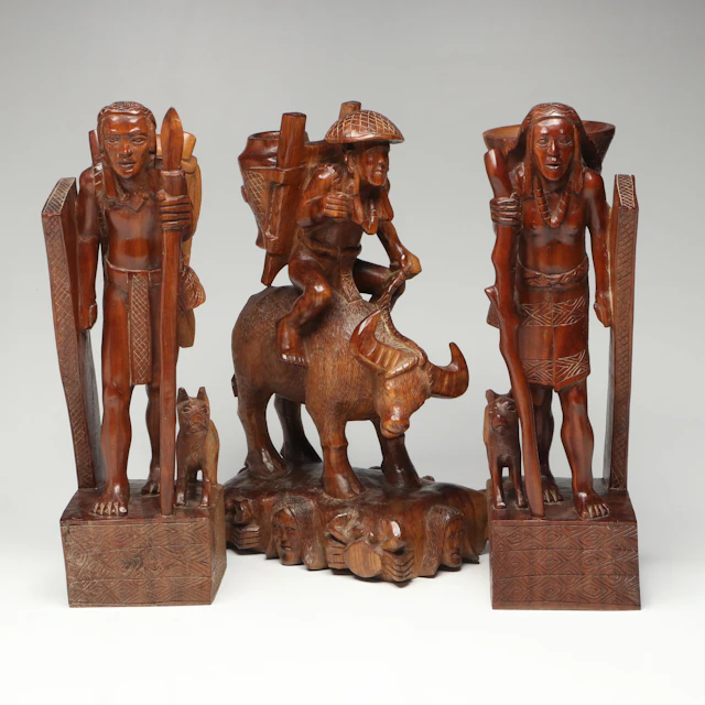 Artist Signed Carved Wooden Bookends and Figurine, 1945
