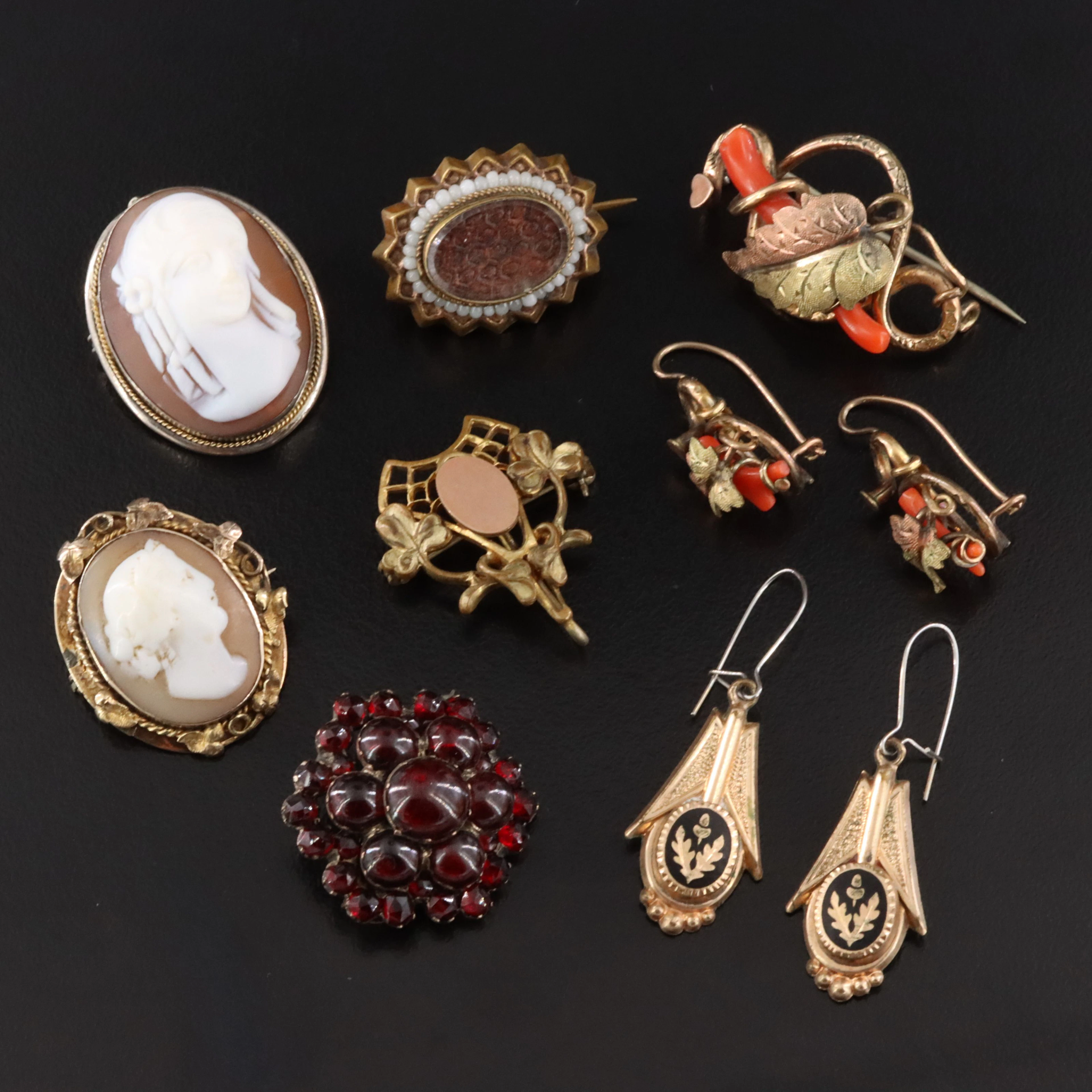 Victorian Jewelry Collection Including Garnet, Coral & 10K Cameo