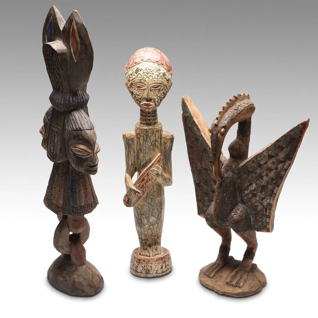 African Senufo Peoples Hornbill Sculpture with Other Hand-Carved Sculptures