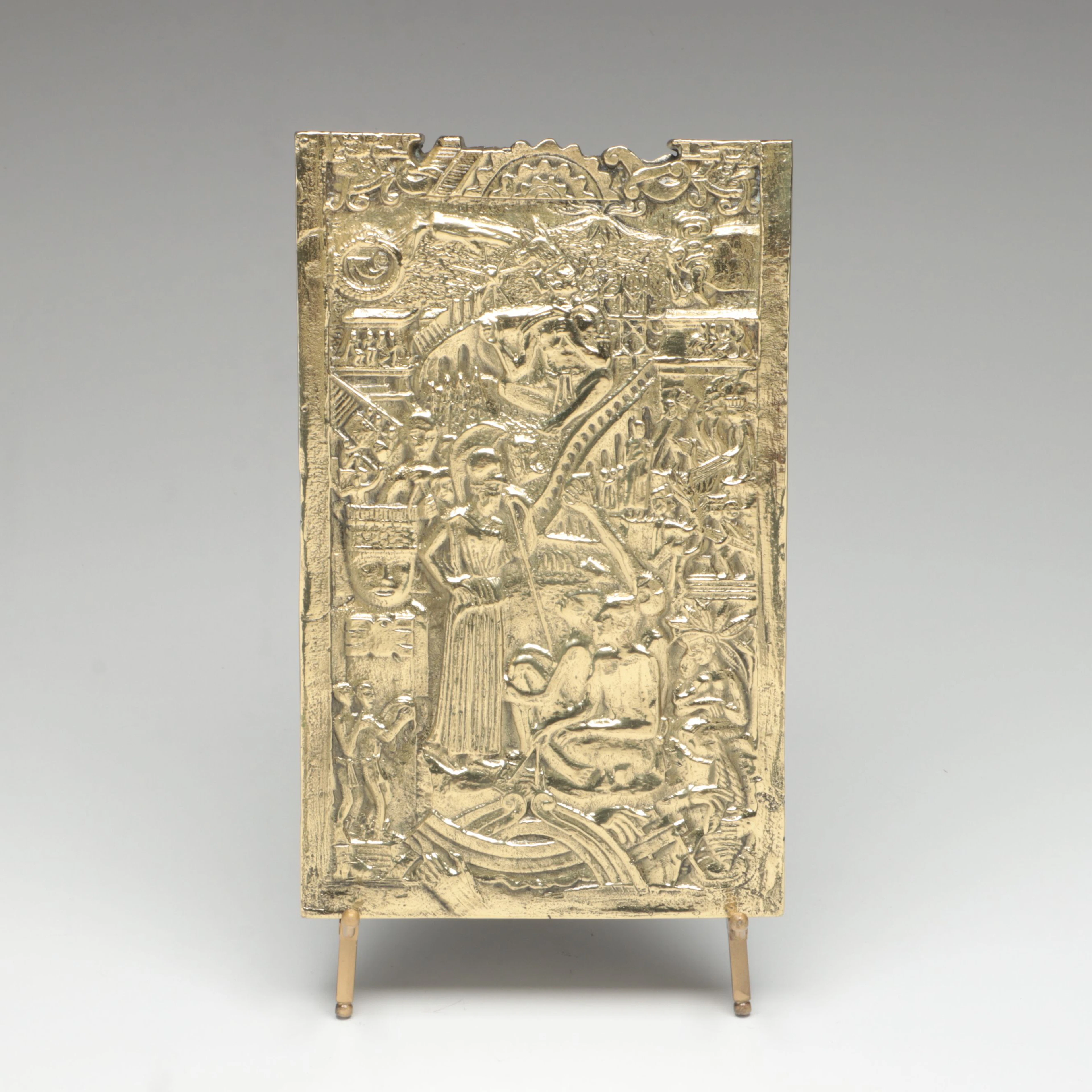 Pre-Columbian Aztec or Maya Theme Gilt Brass Plaque with Easel