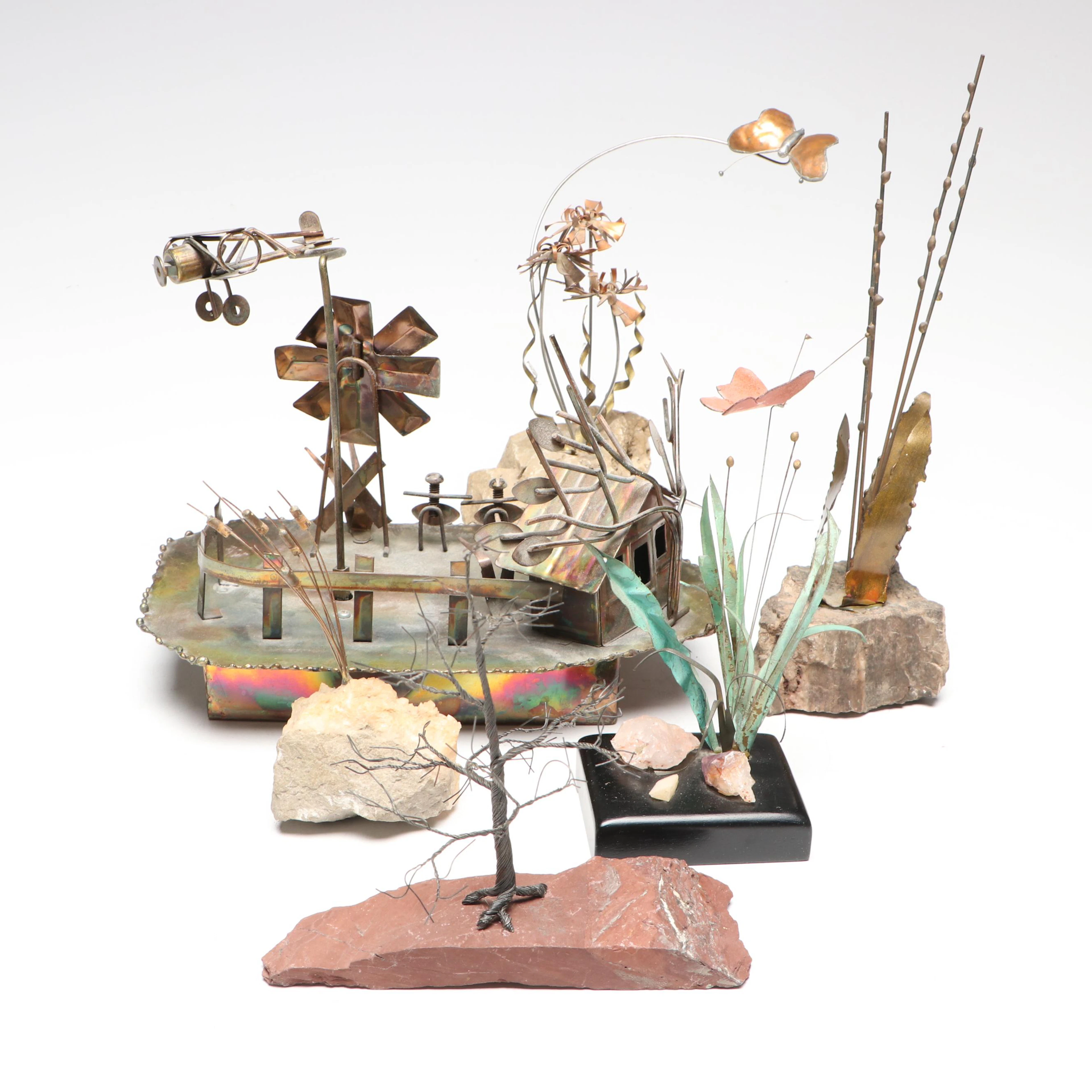 Wrought Metal Farm Scene Wind-Up Music Box with Metal on Stone Floral Sculpture