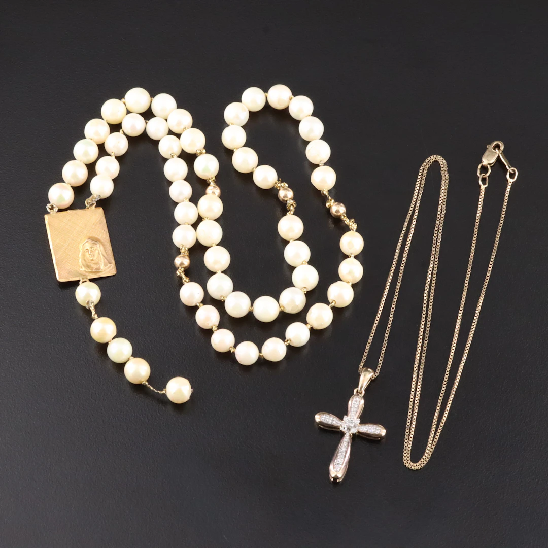 Sterling Diamond Cross Pendant Necklace and Rosary with 14K Station & Accents