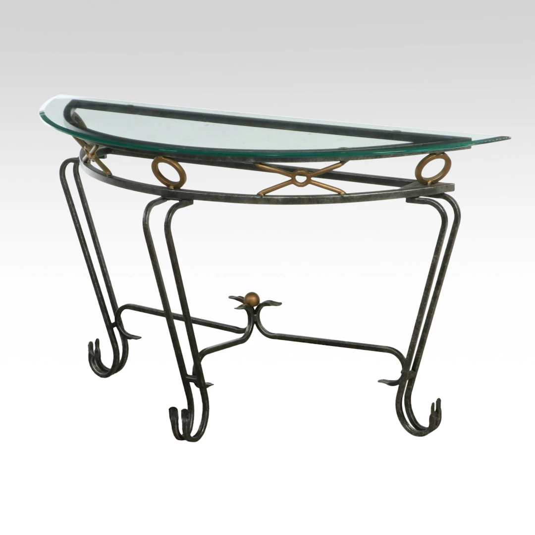Contemporary Directoire Style Wrought Iron Console Table with Glass Top