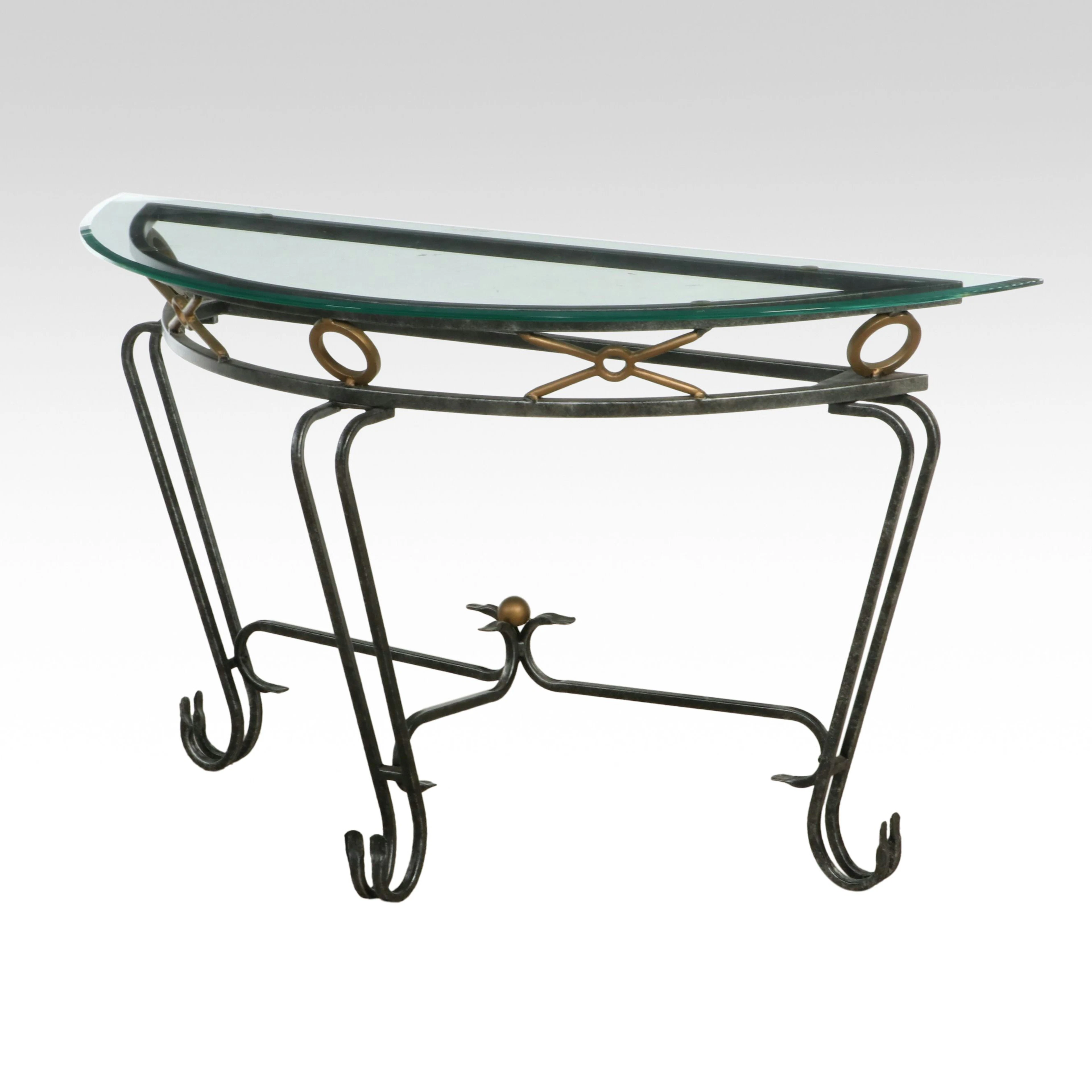 Contemporary Directoire Style Wrought Iron Console Table with Glass Top