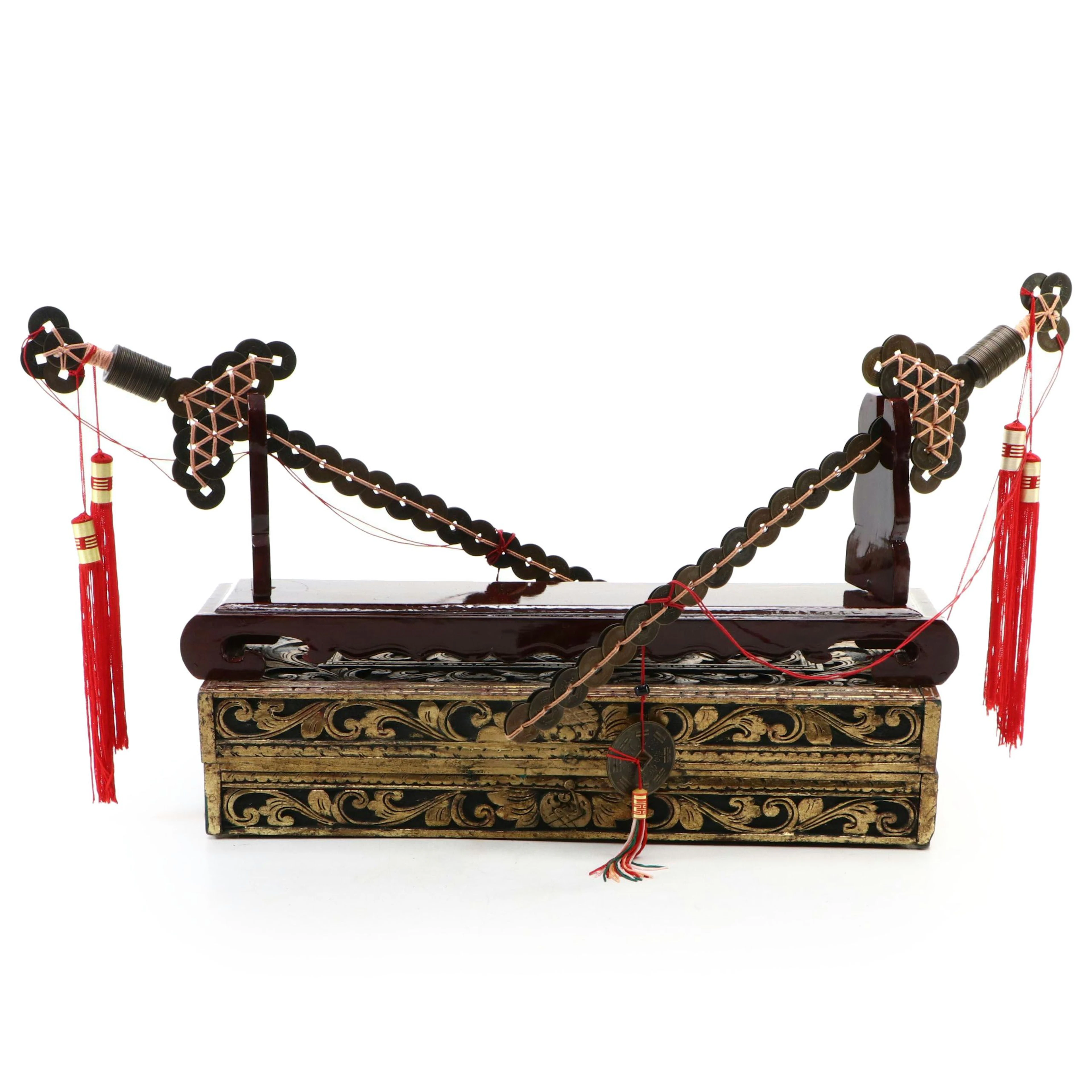 Chinese Wood Box with Qian Copper Coin Stylized Swords on Wood Base