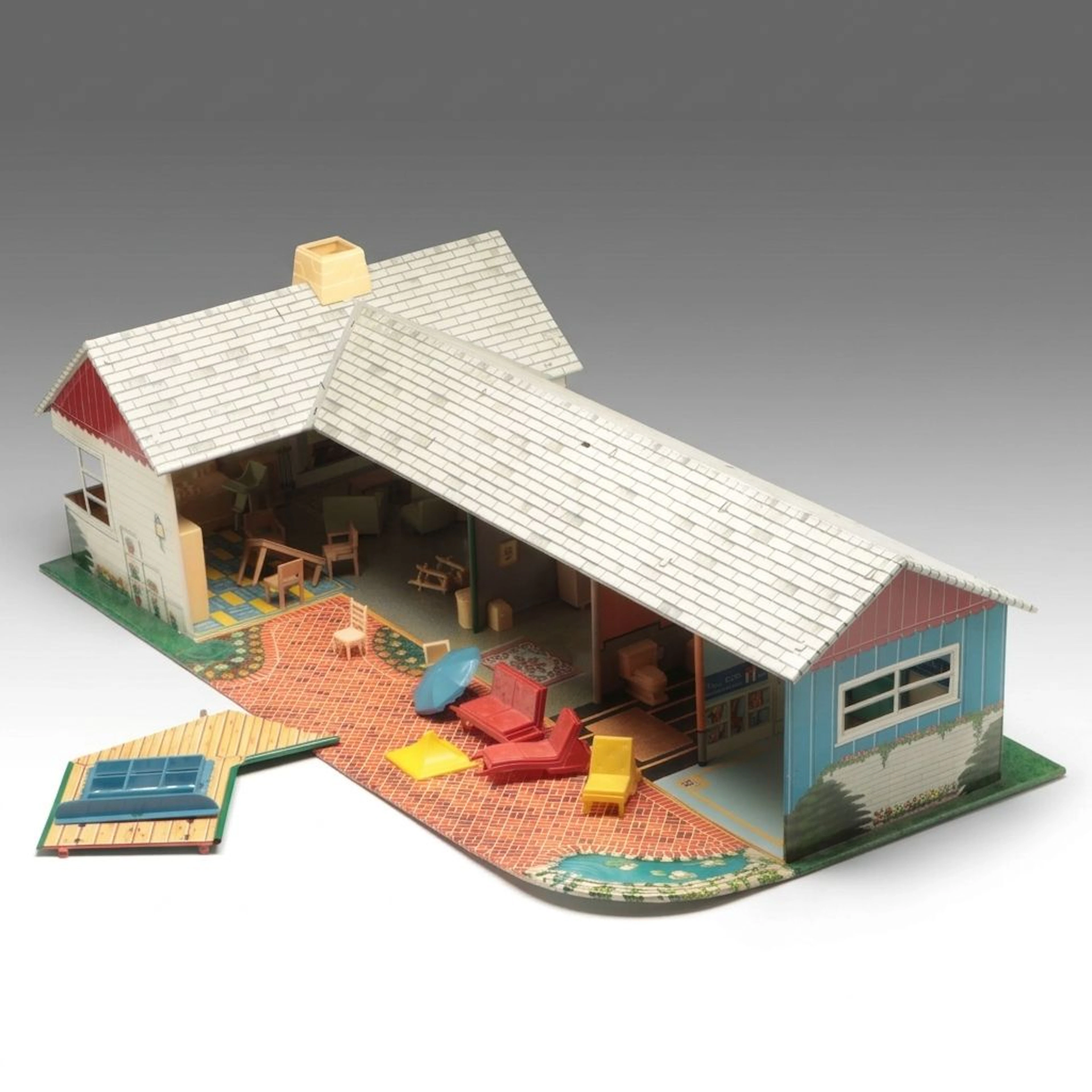 Louis Marx Tin Lithograph T-Shaped Dollhouse, Mid-20th Century
