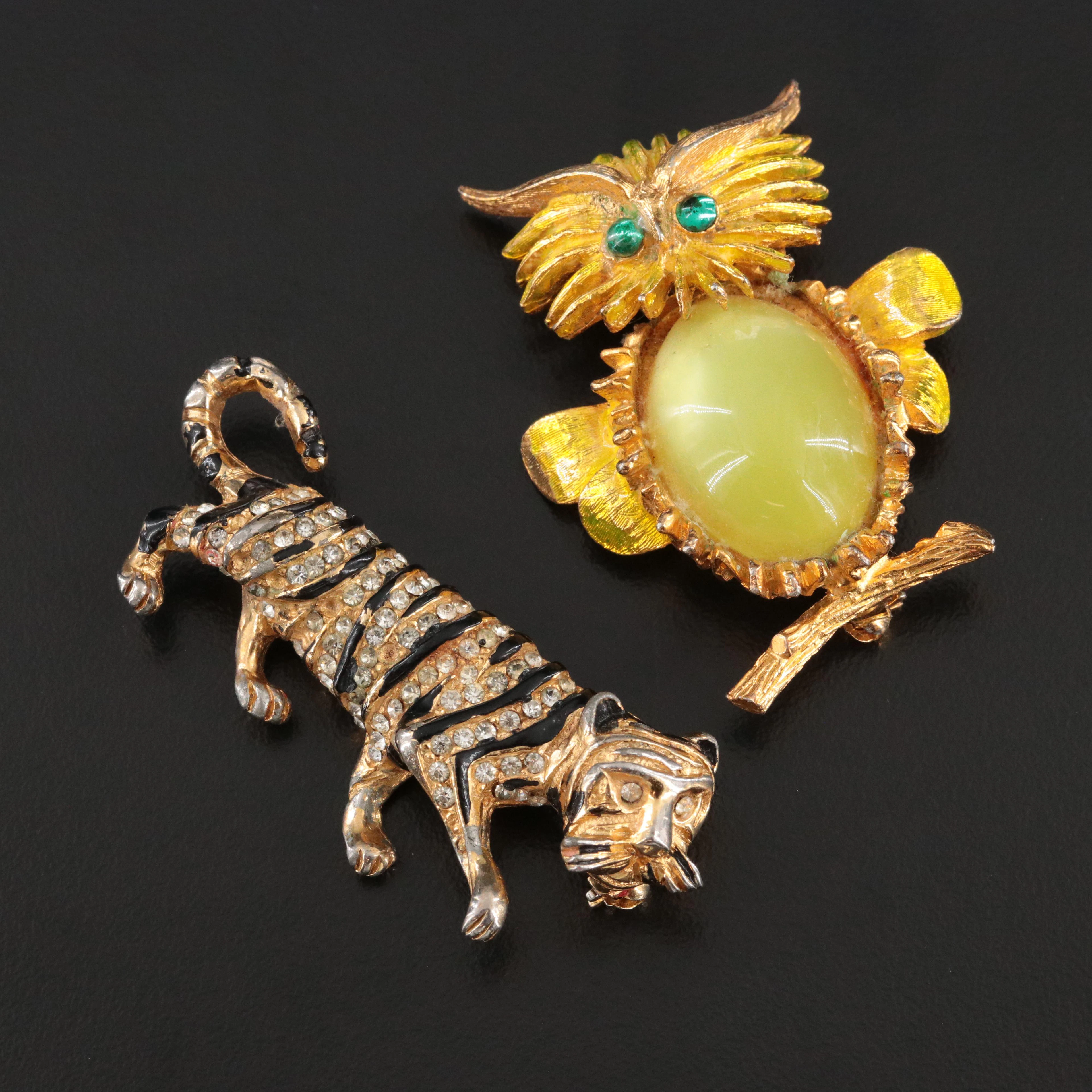 Hattie Carnegie Tiger and Owl Brooches Including Rhinestones and Enamel