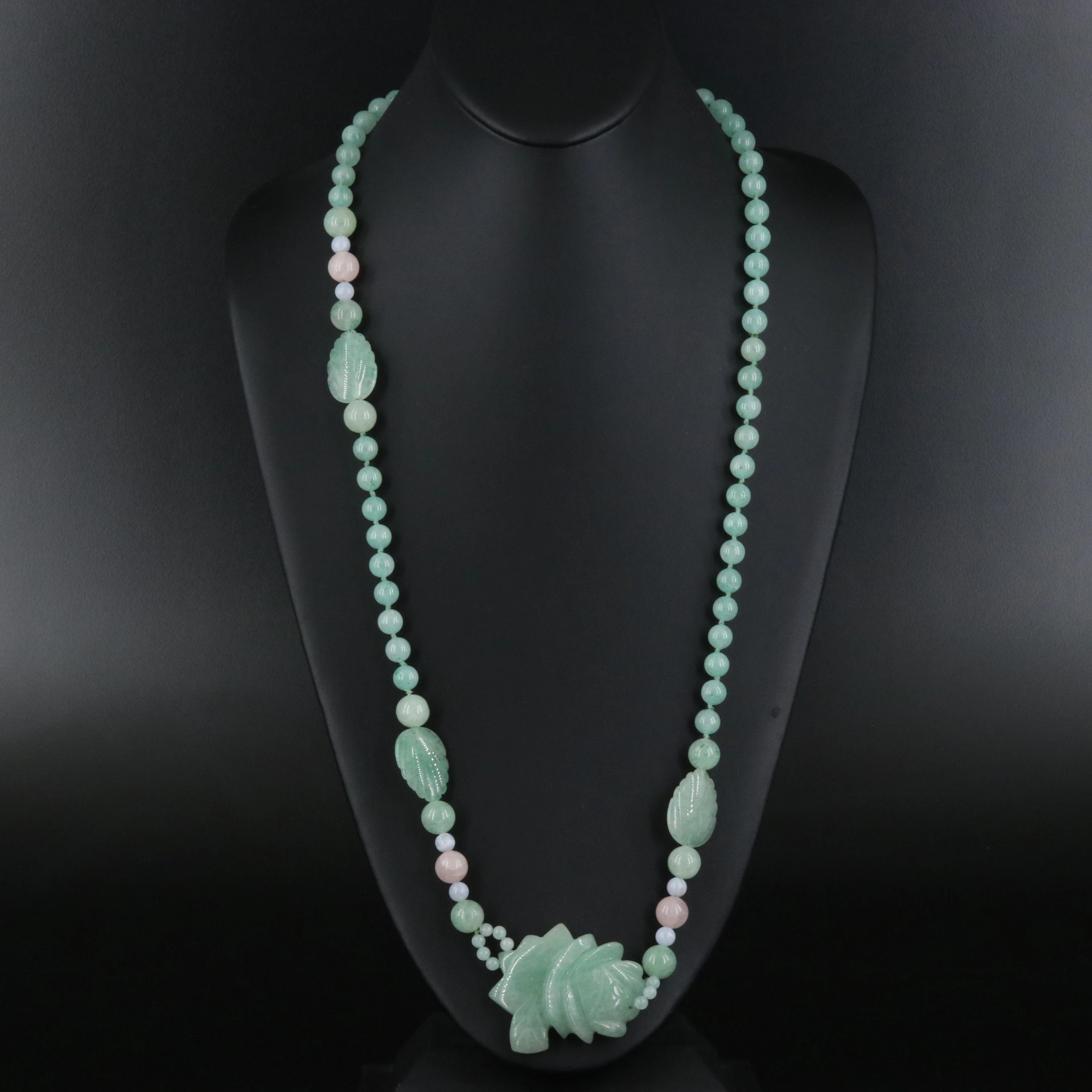 Aventurine, Rose Quartz and Lace Agate Bead and Carved Station Necklace
