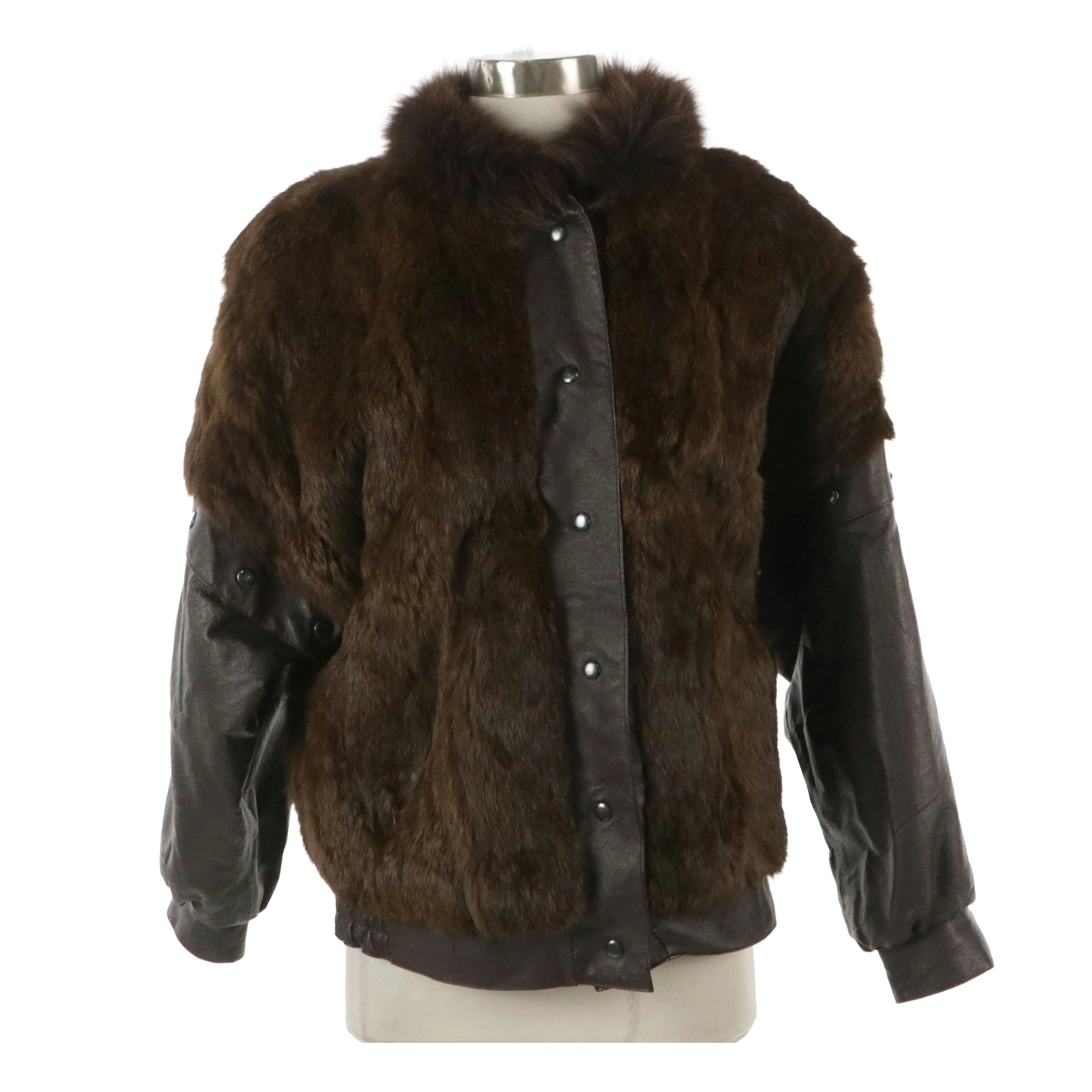 Vintage Brown Rabbit Fur Coat with Leather Snap-Off Sleeves and Fox Tail Collar
