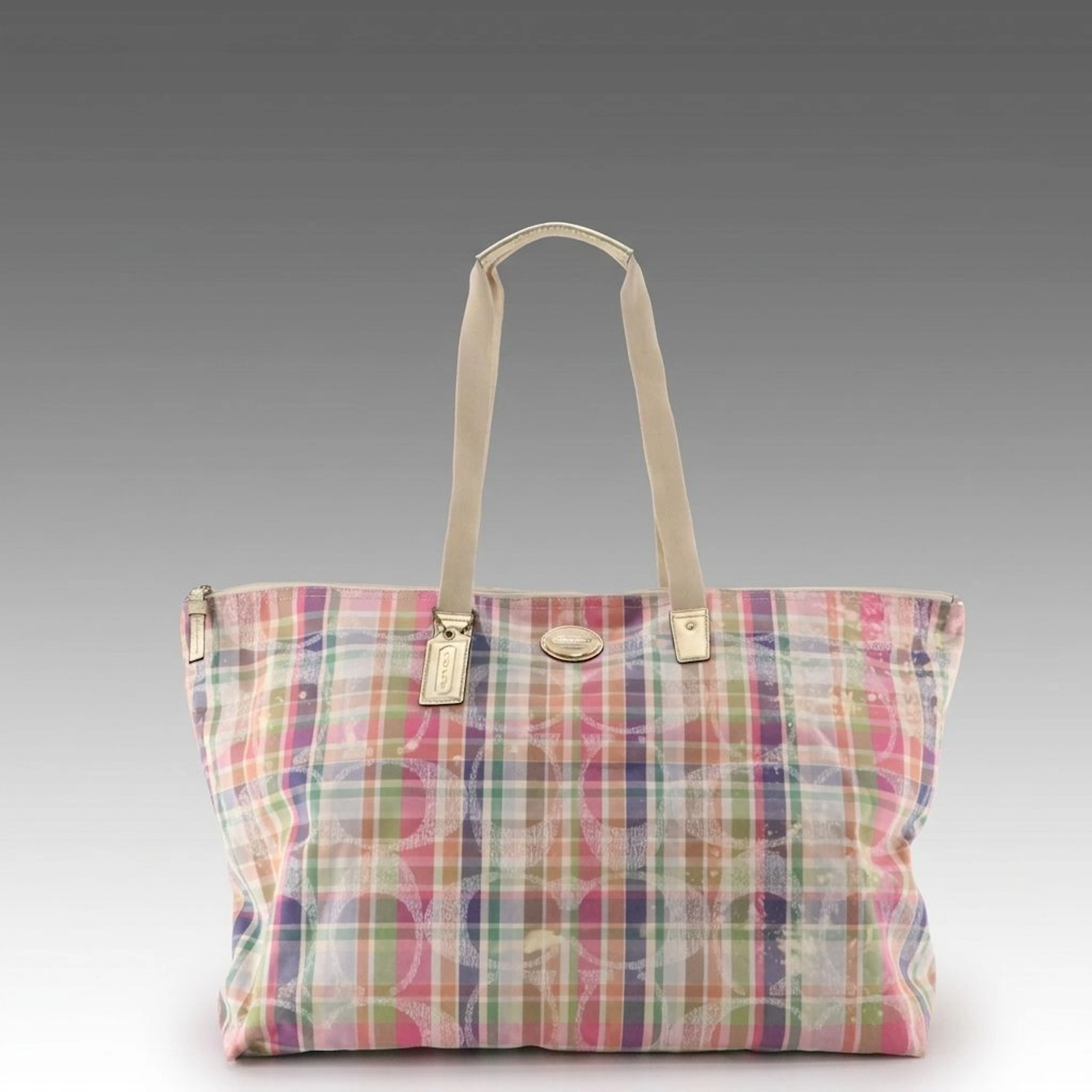 Coach Poppy Daisy Madras Zip Shopper Tote Bag in Pastel Plaid