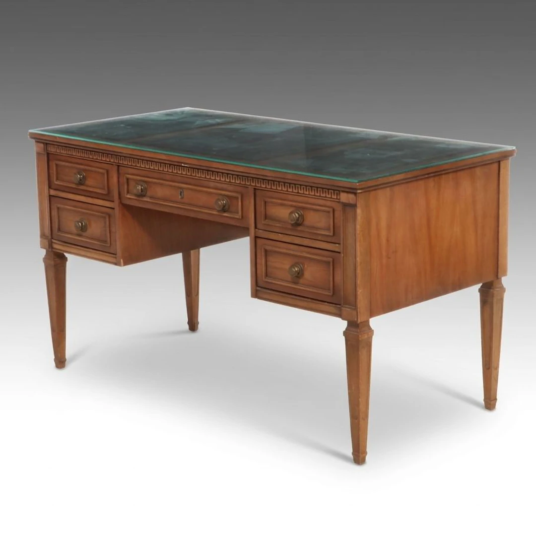Louis XVI Style Carved Walnut Leather-Top Desk, Mid to Late 20th Century