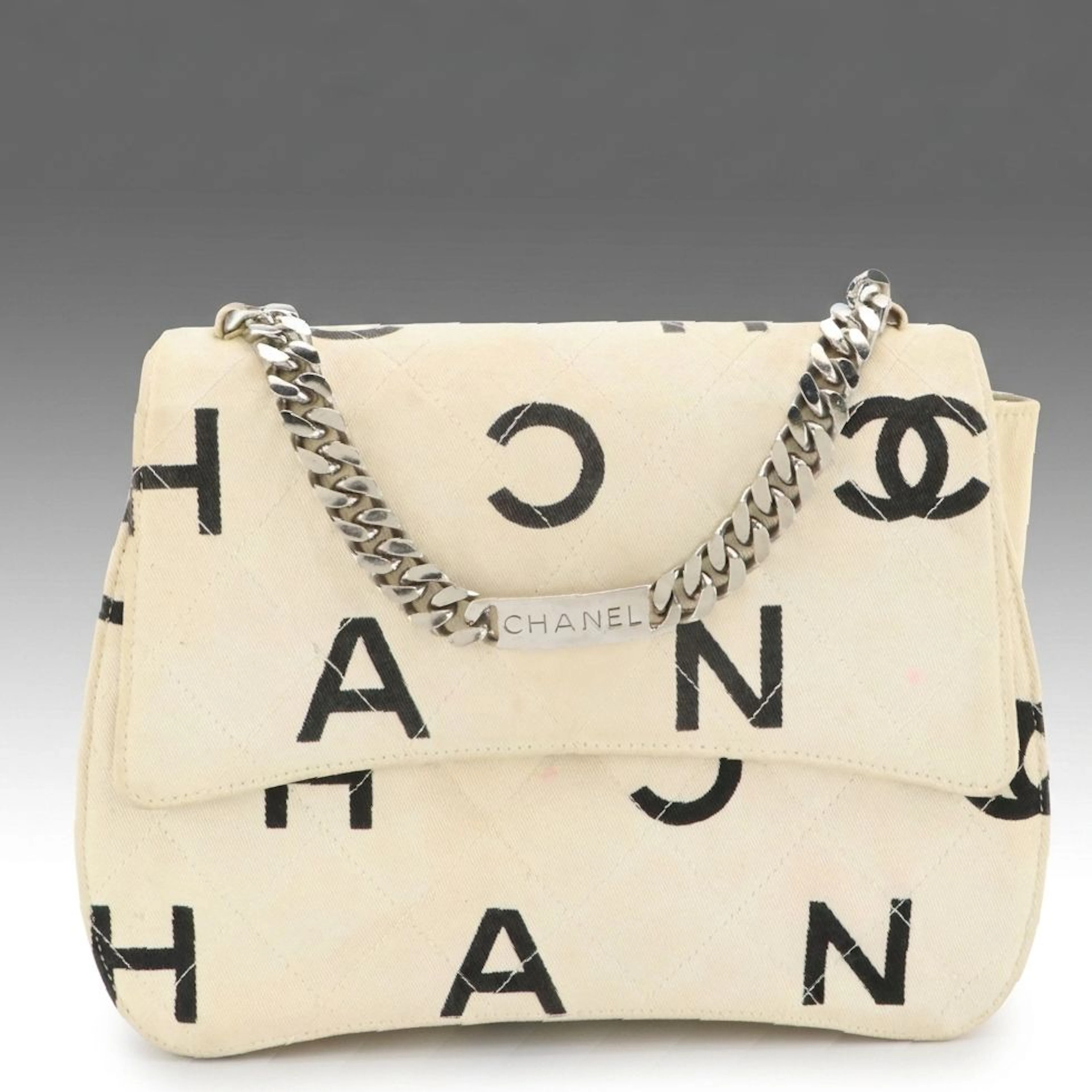 Chanel Chain Strap Handbag in B&W Logo Printed and Quilted Canvas