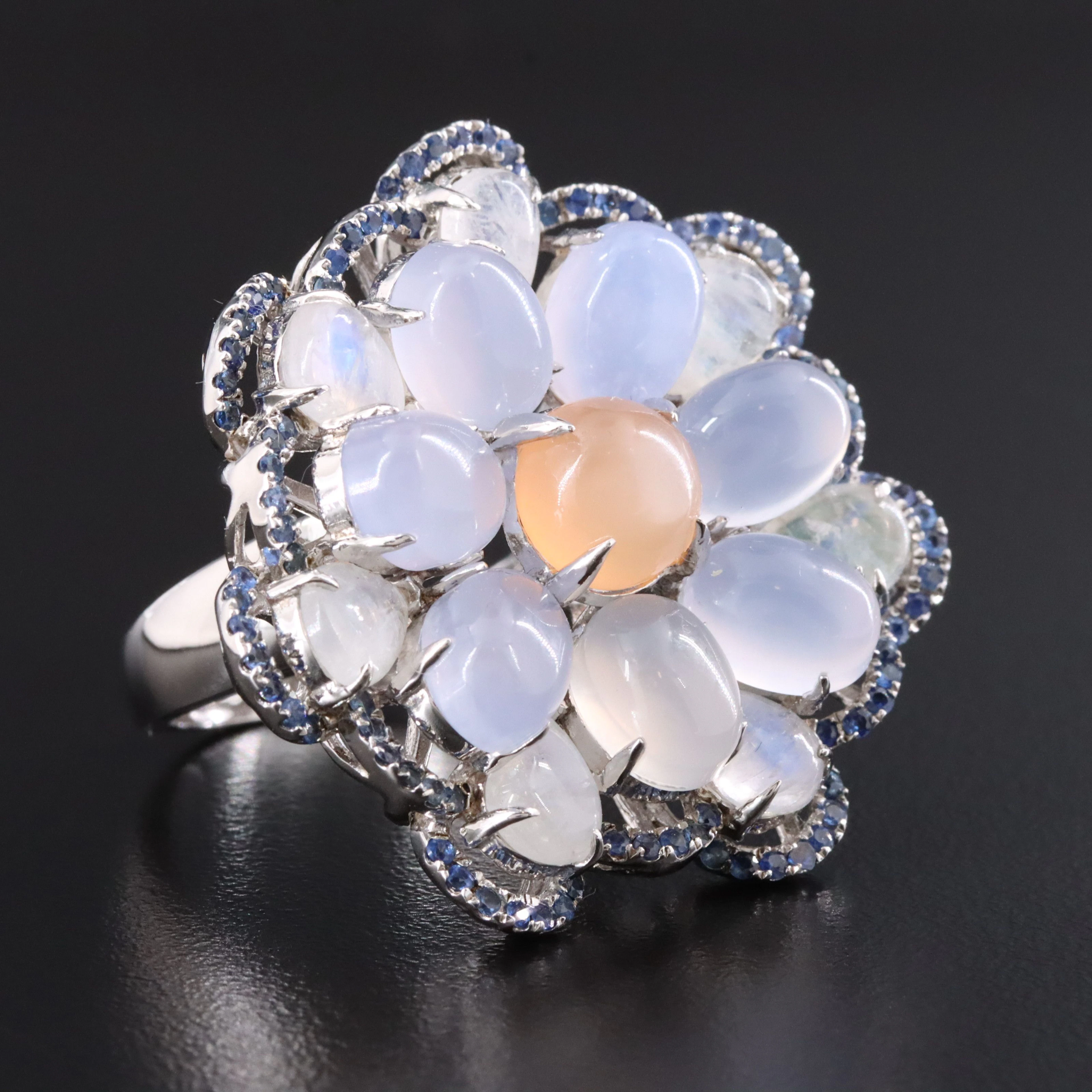 Sterling Moonstone, Sapphire, and Chalcedony Flower Ring