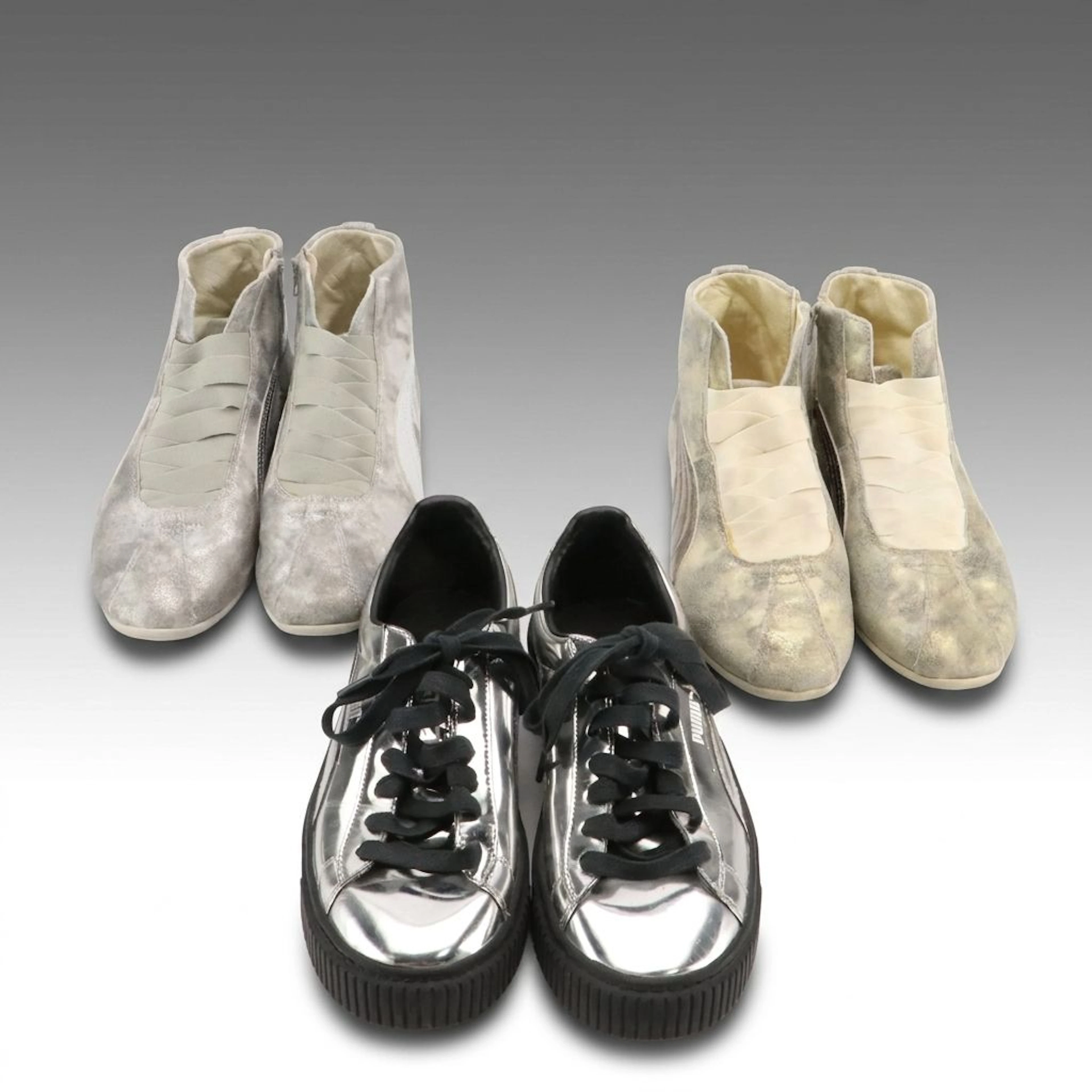 Puma Metallic Silver Leather Sneakers and High-Top Boxing Style Sneakers