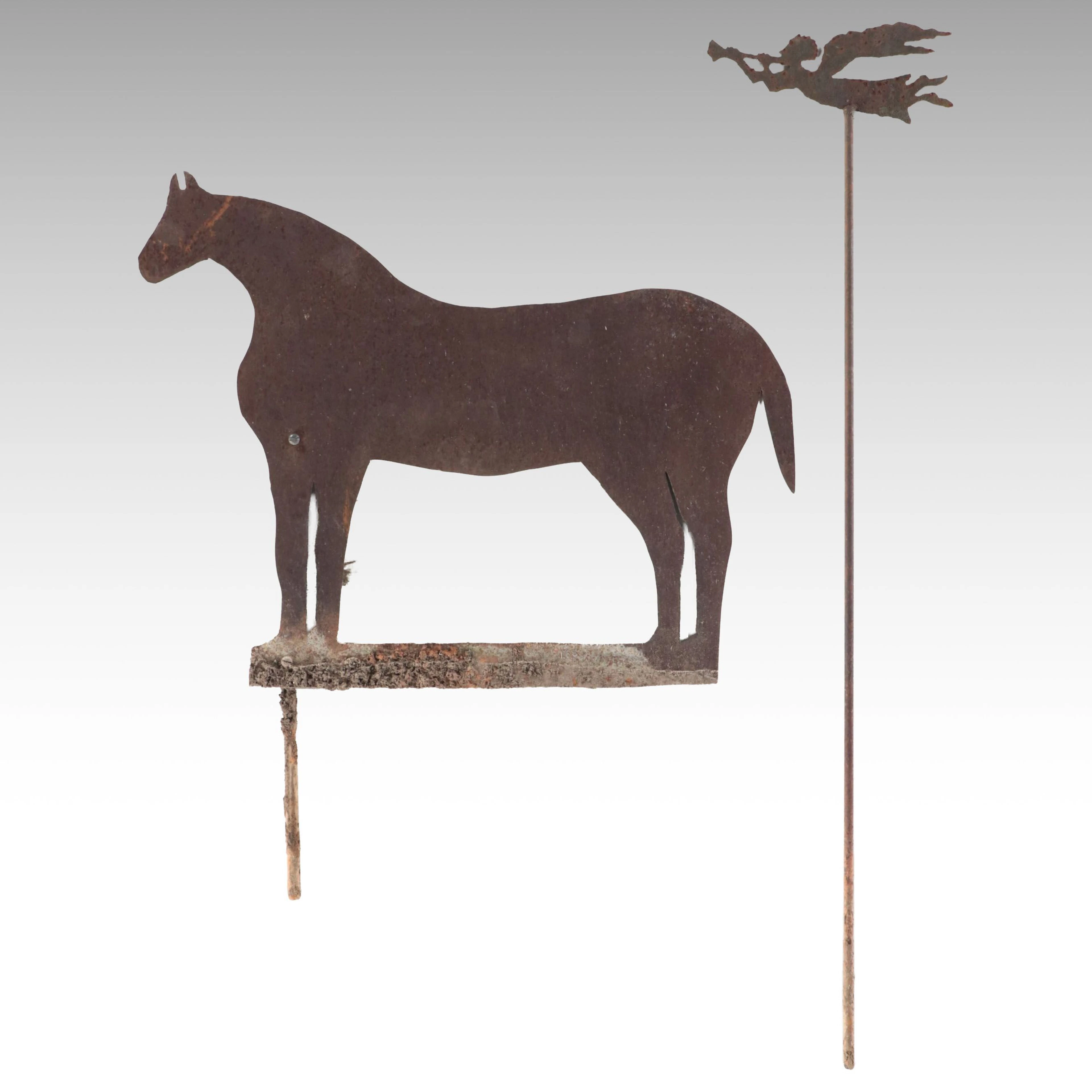 Folk Art Sheet Metal Horse and Angel Silhouette Garden Stakes