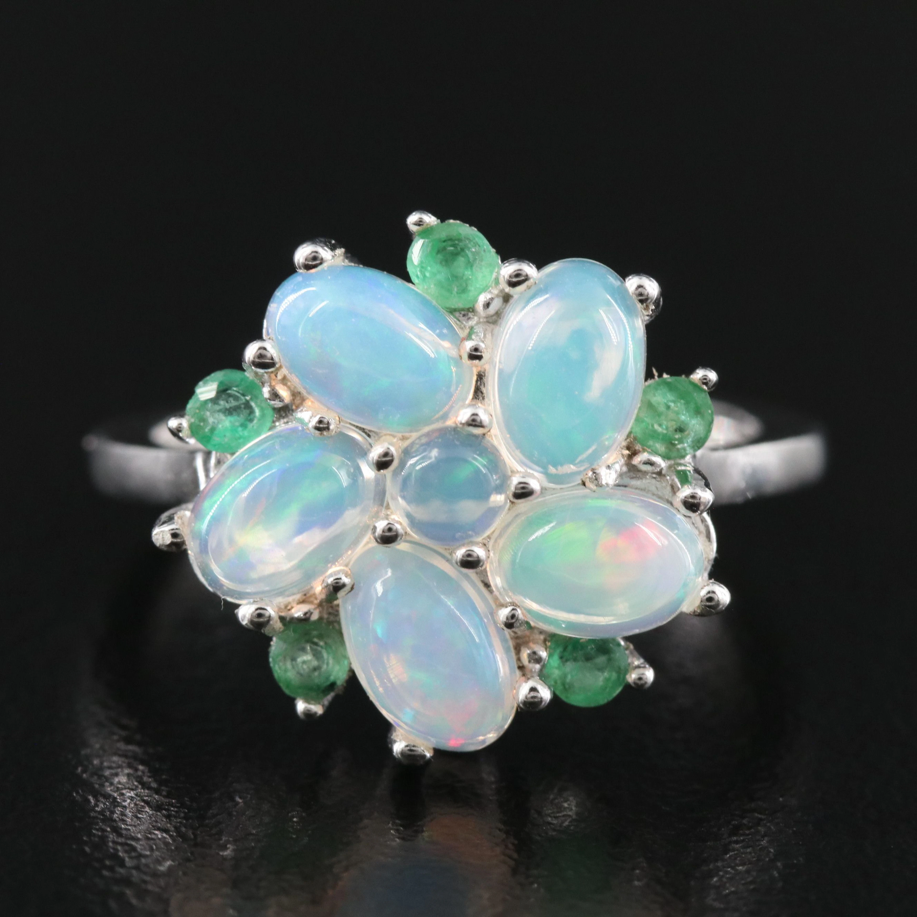 Sterling Opal Flower Ring with Emerald Accents