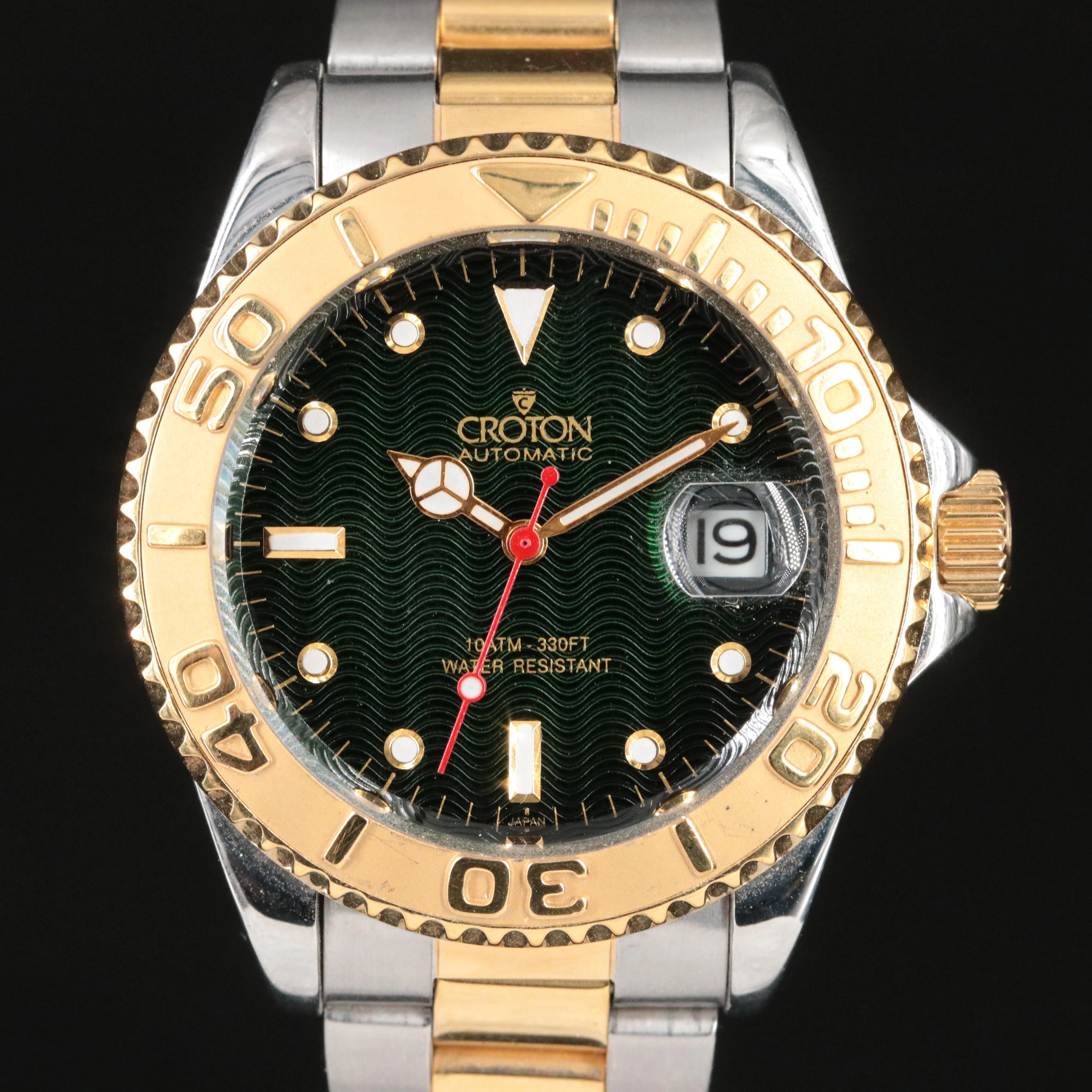 Croton Two Tone Dark Green Wave Dial Watch