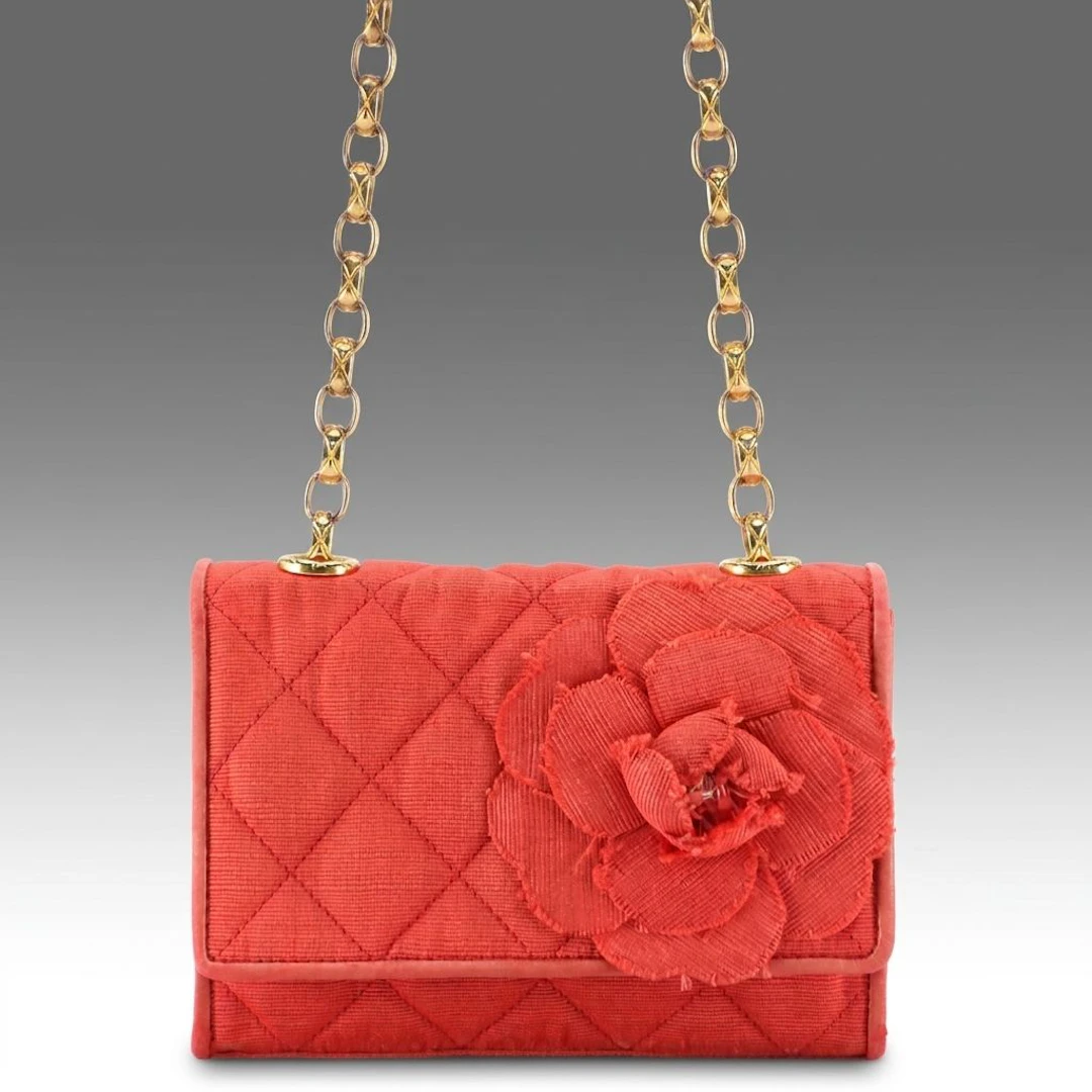 Chanel Quilted Coral Silk Grosgrain Camellia Front-Flap Crossbody