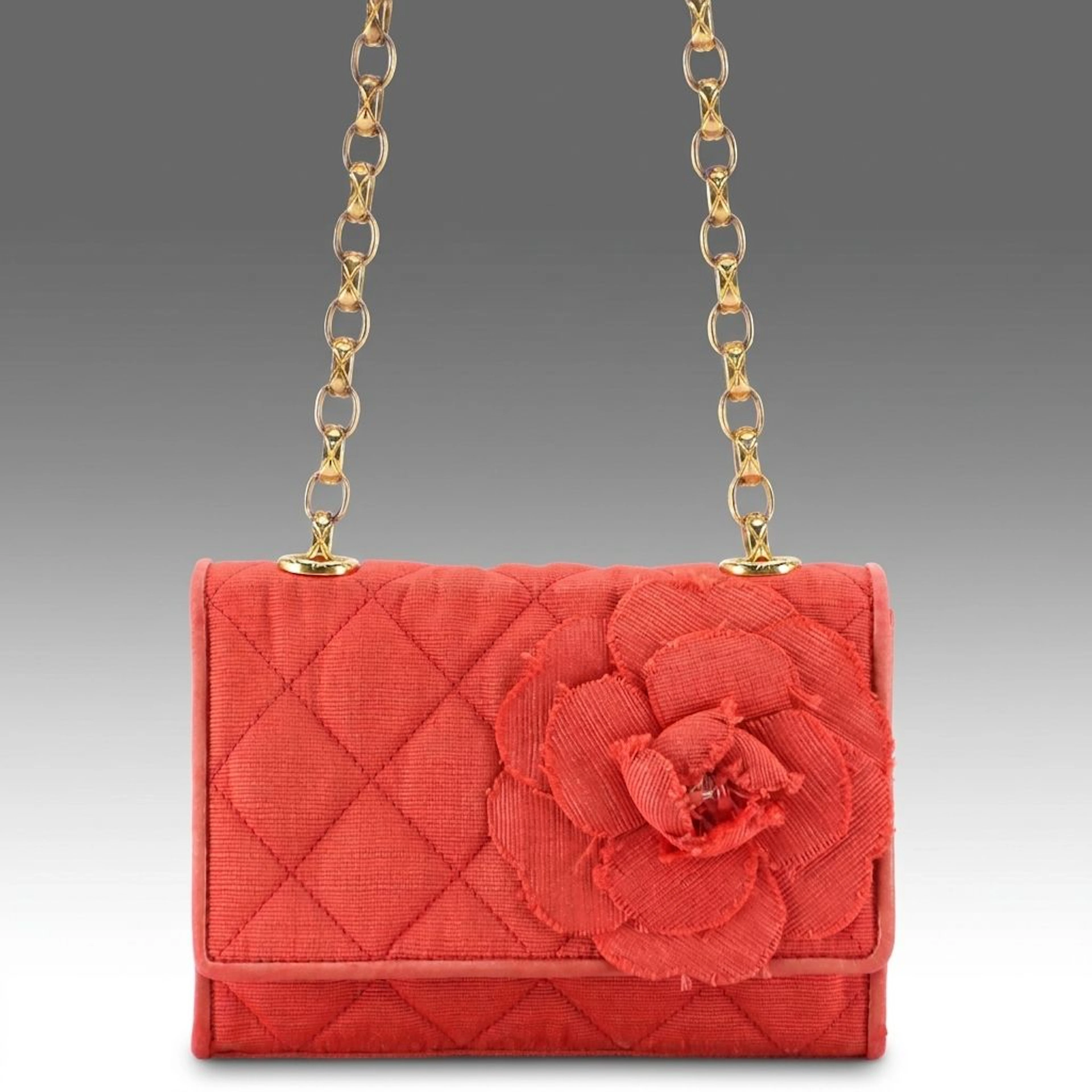 Chanel Quilted Coral Silk Grosgrain Camellia Front-Flap Crossbody