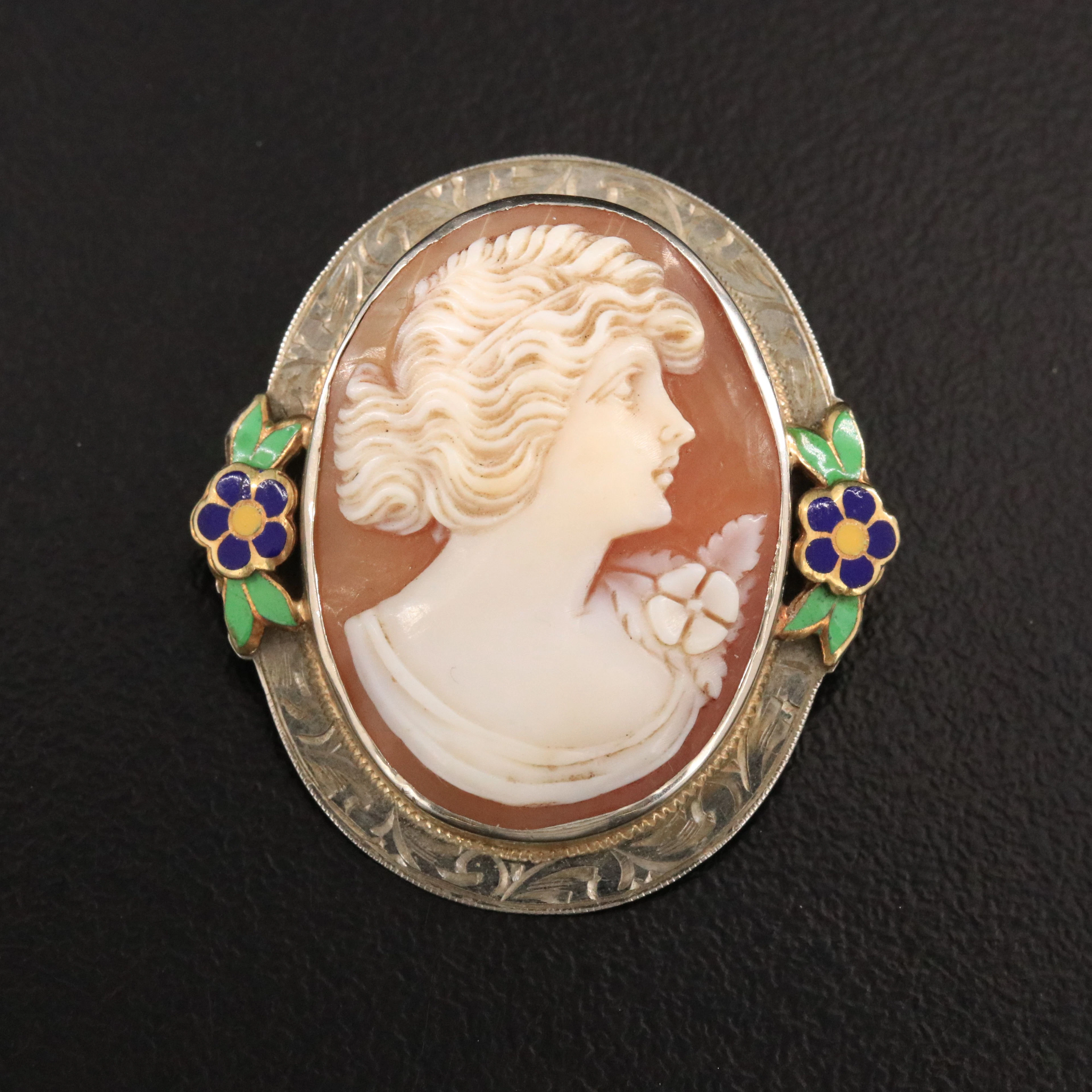 Vintage 10K Shell Cameo and Enamel Pendant Brooch