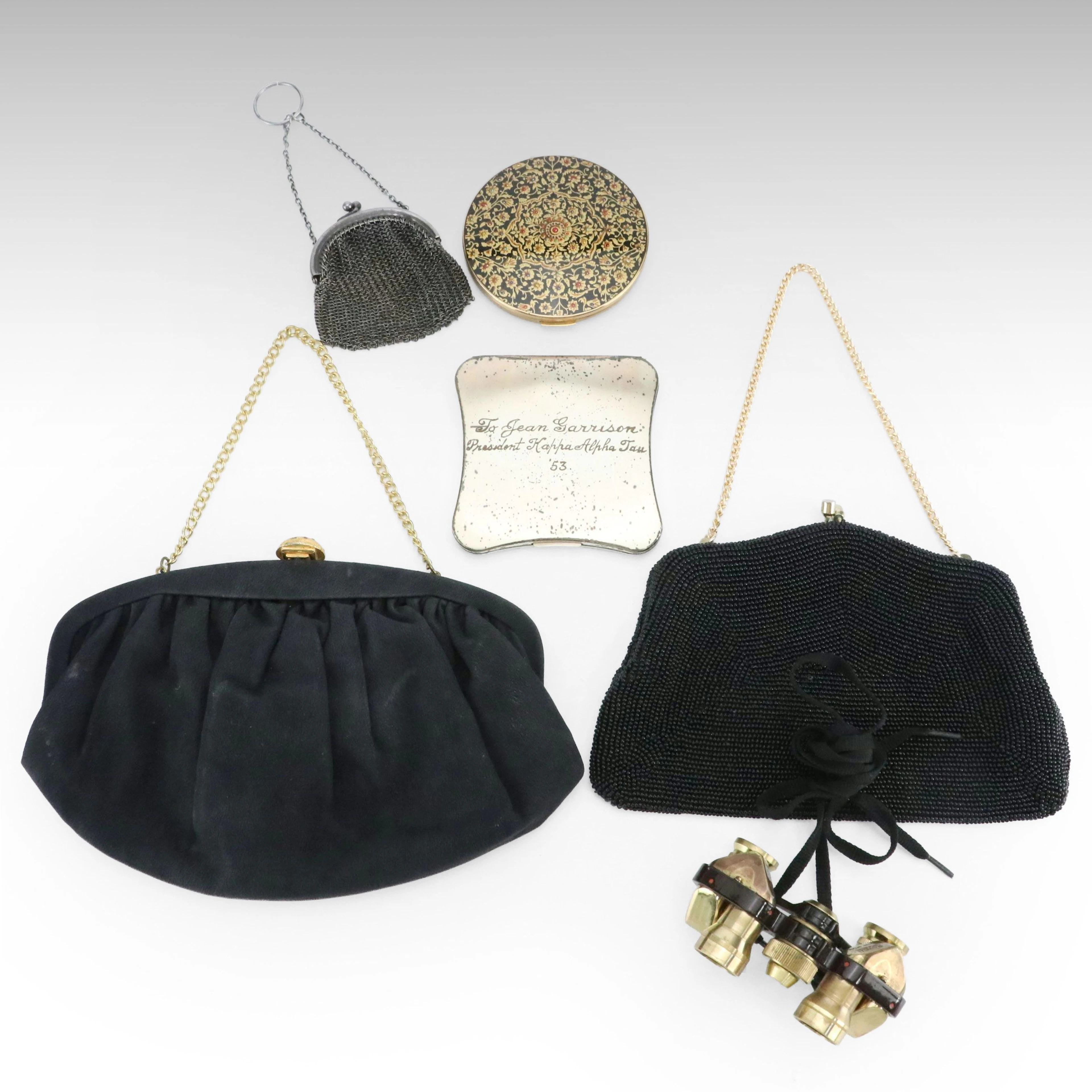 Antique Ring Mesh Coin Purse, Vintage Bushnell Opera Binoculars and More