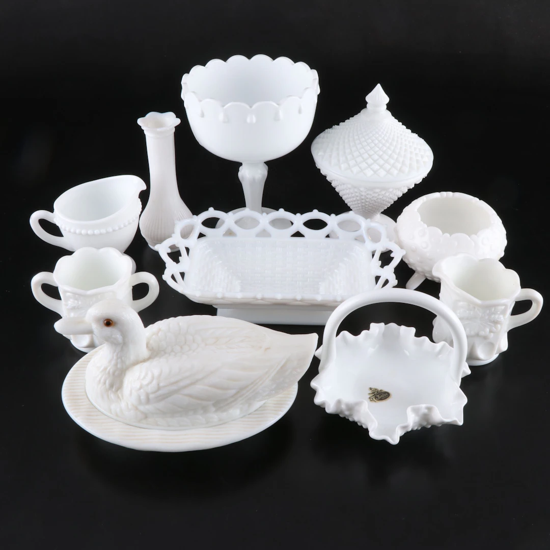 Westmoreland Duck Box with Other Milk Glass Bowls, Basket and More