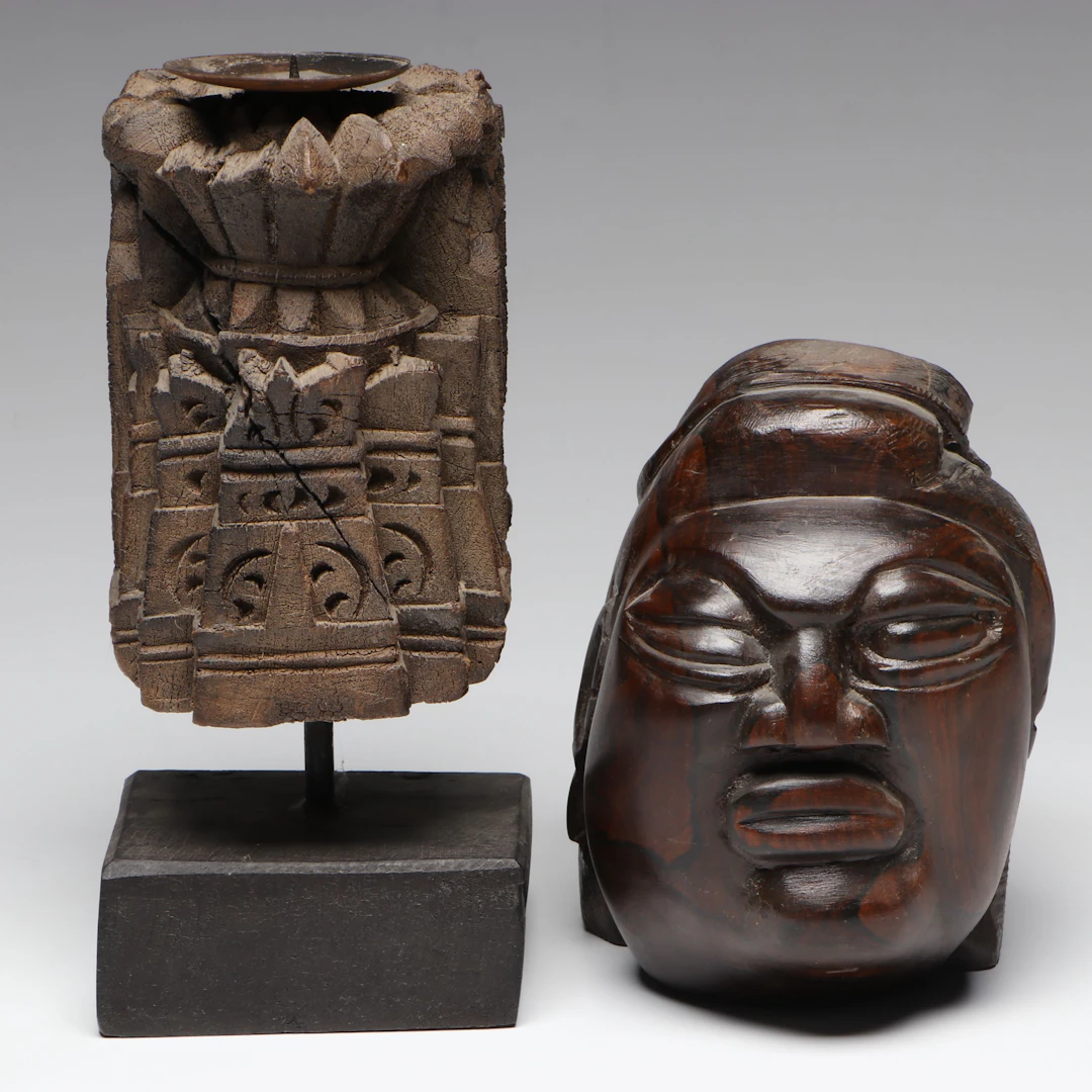 Carved Wood Candle Holder and Carved Wooden Head
