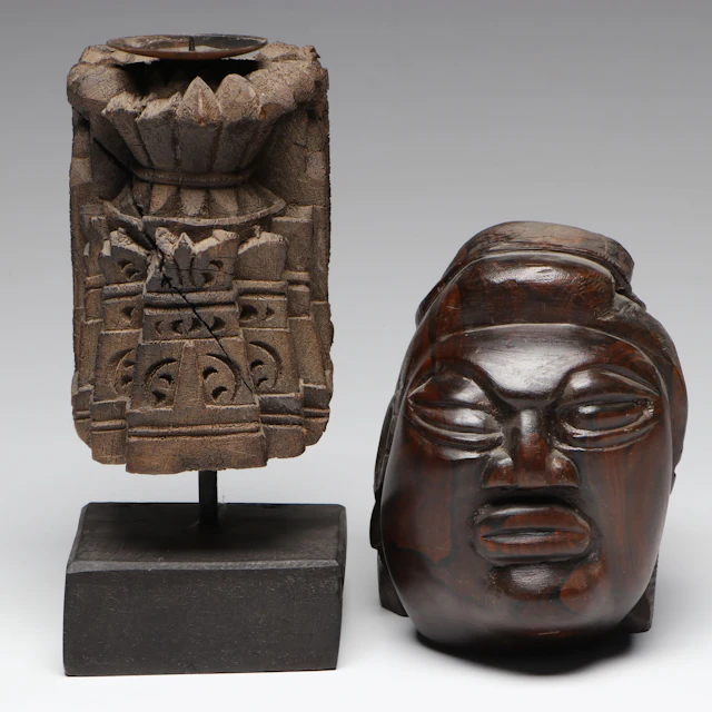 Carved Wood Candle Holder and Carved Wooden Head