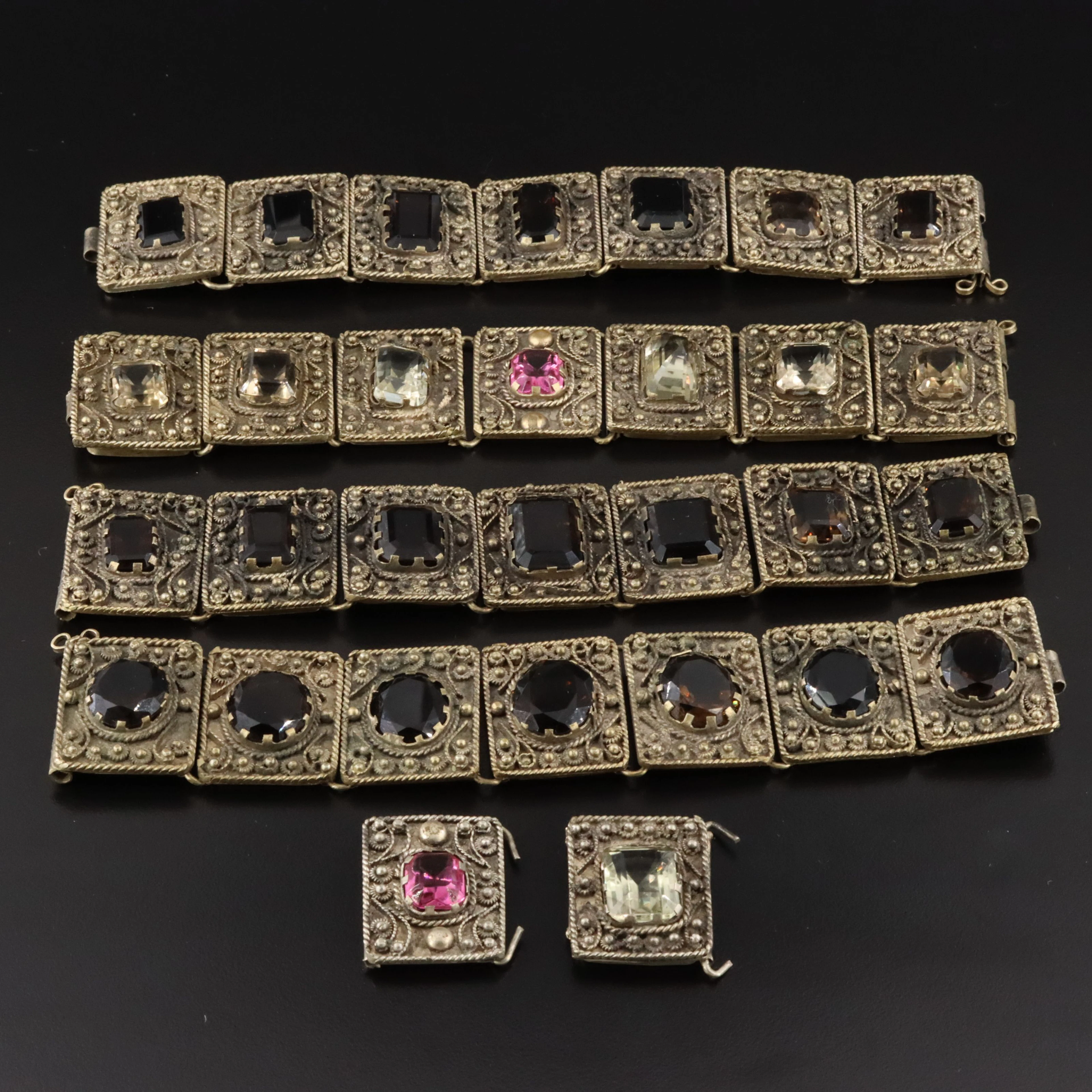 Vintage Brass Panel Bracelets Featuring Smoky Quartz and Citrine