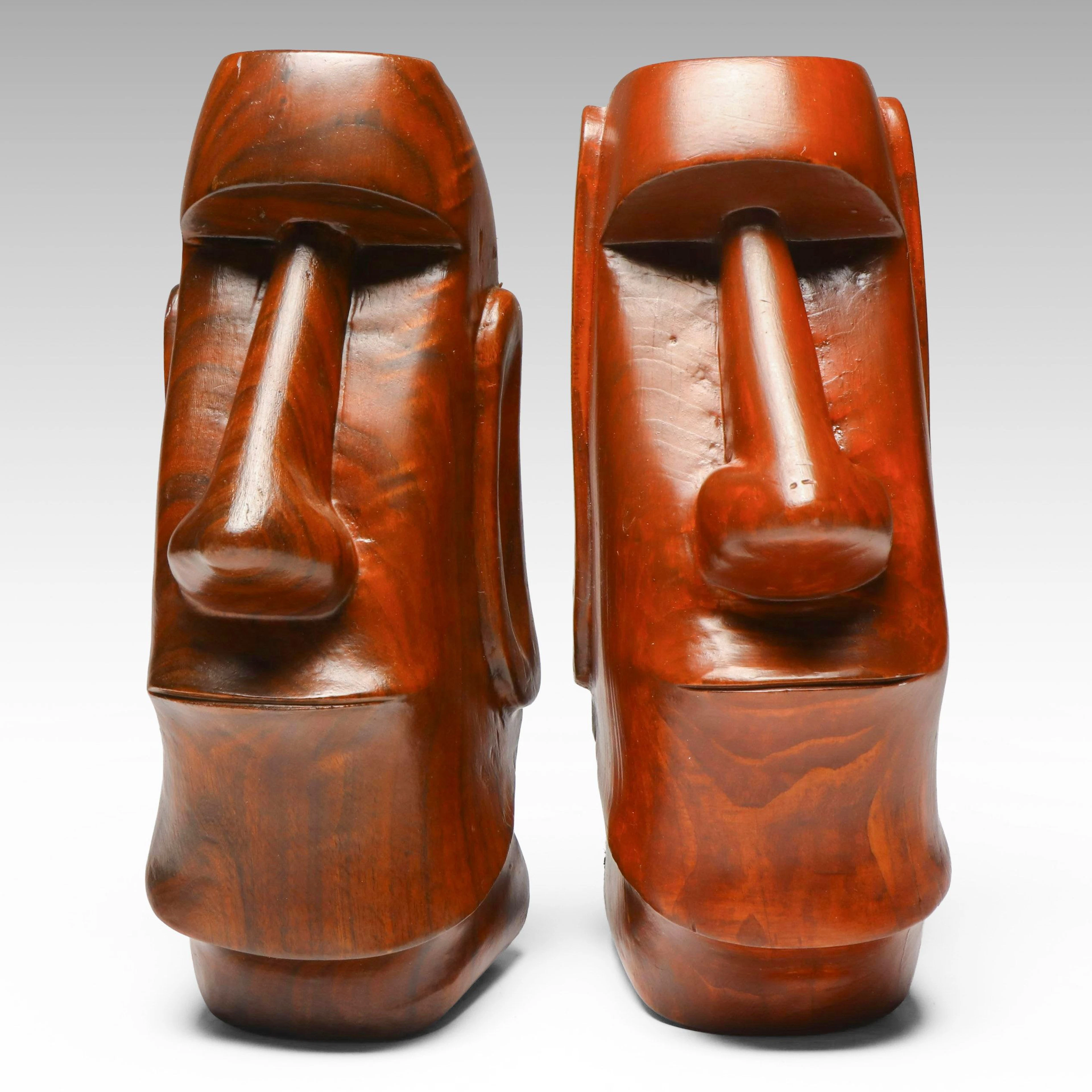 Vintage Hand-Carved Easter Island Moai Head Wall Hangings, Mid to Late 20th C.