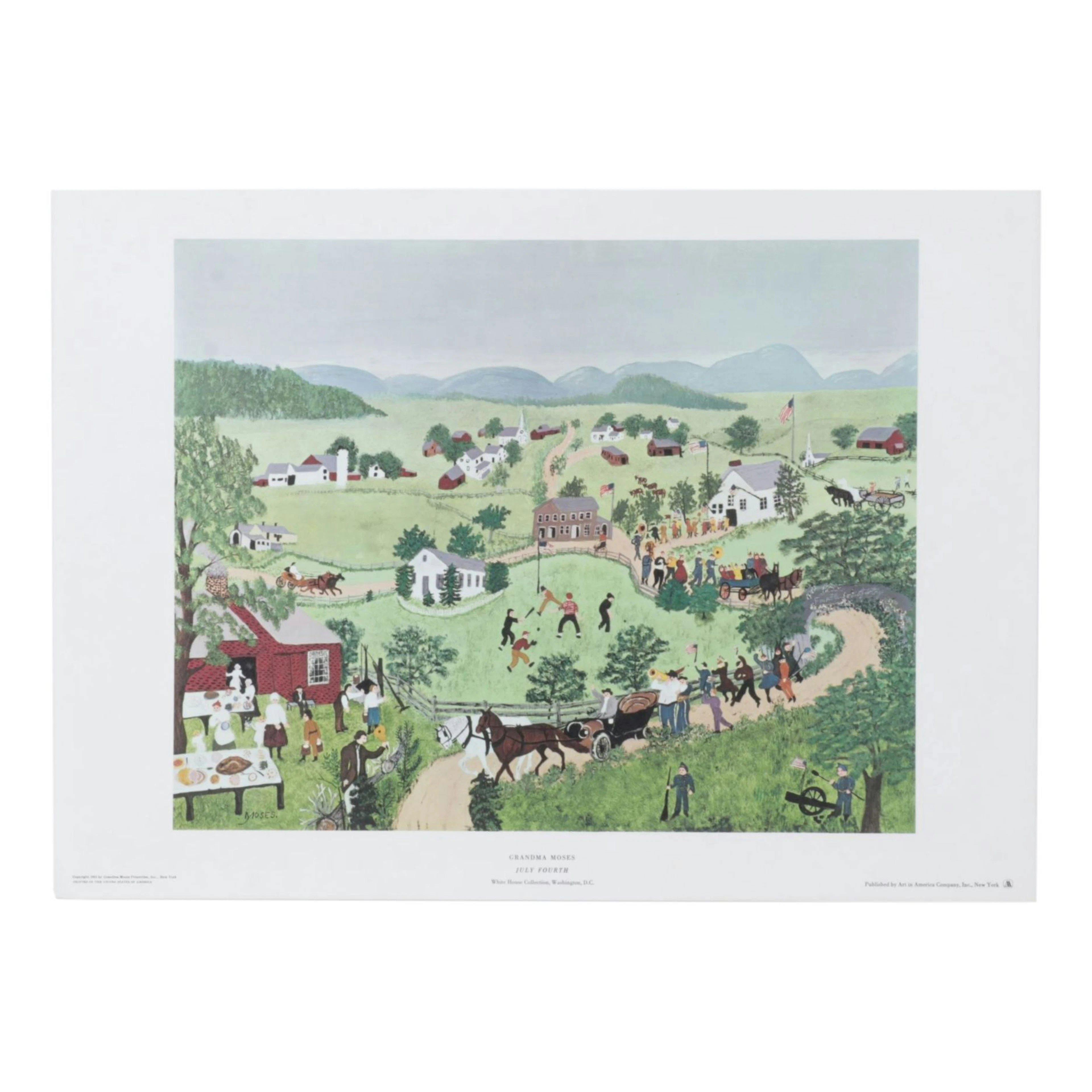 Grandma Moses Offset Lithograph "July Fourth" 1951