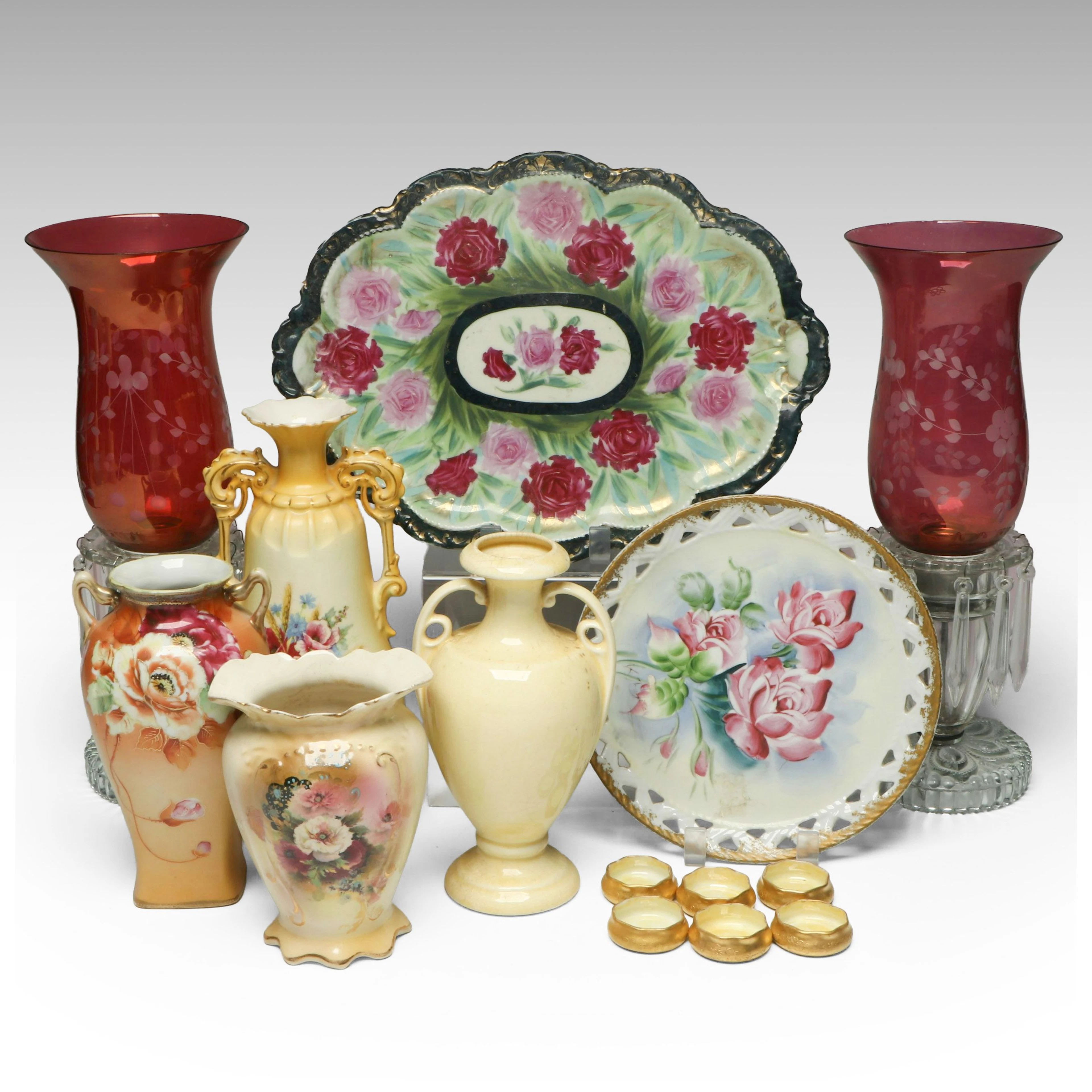 Pair of Cranberry Glass Mantel Lusters with Porcelain Tableware