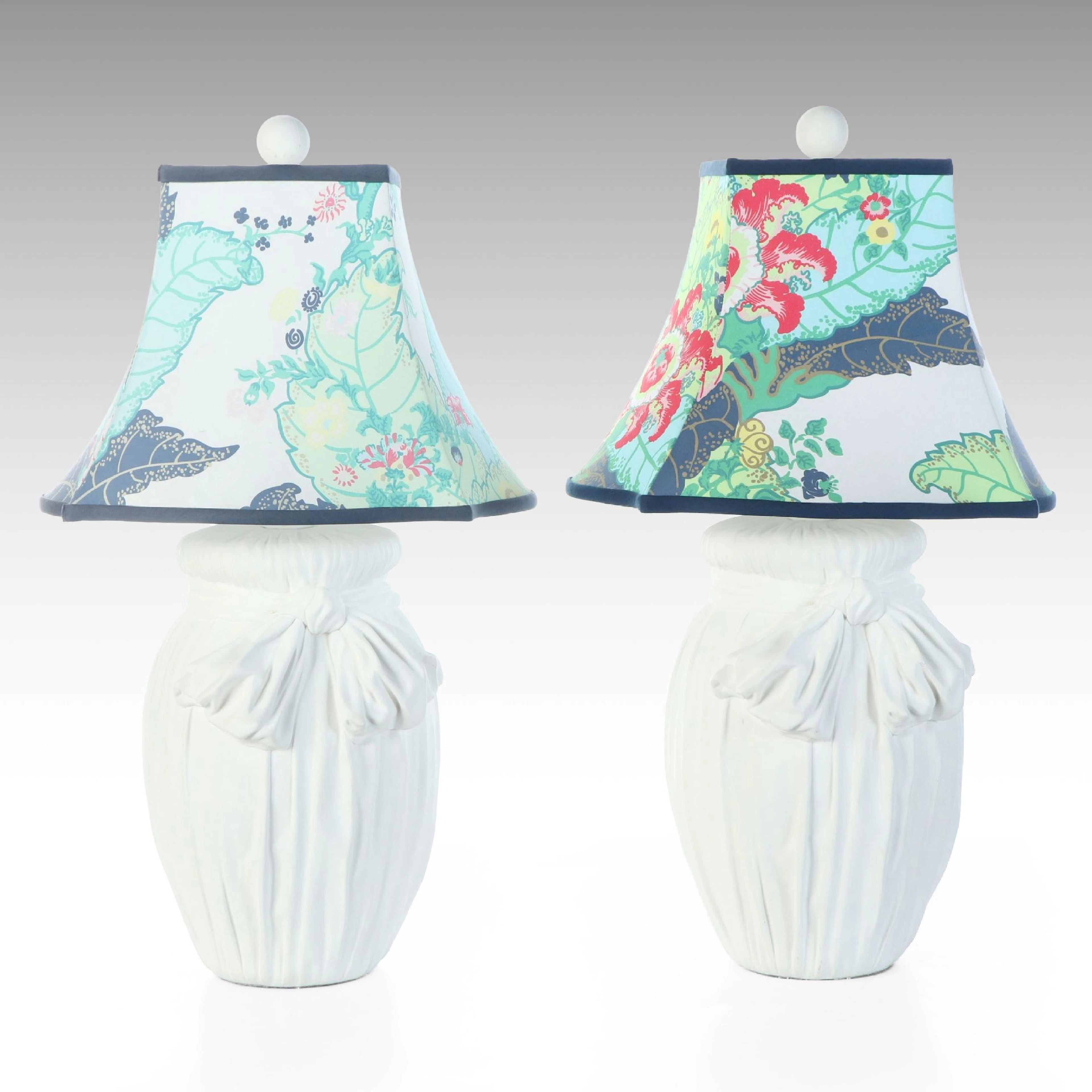 California Modern Plaster Drapery and Bow Lamps with Tobacco Leaf Print Shades