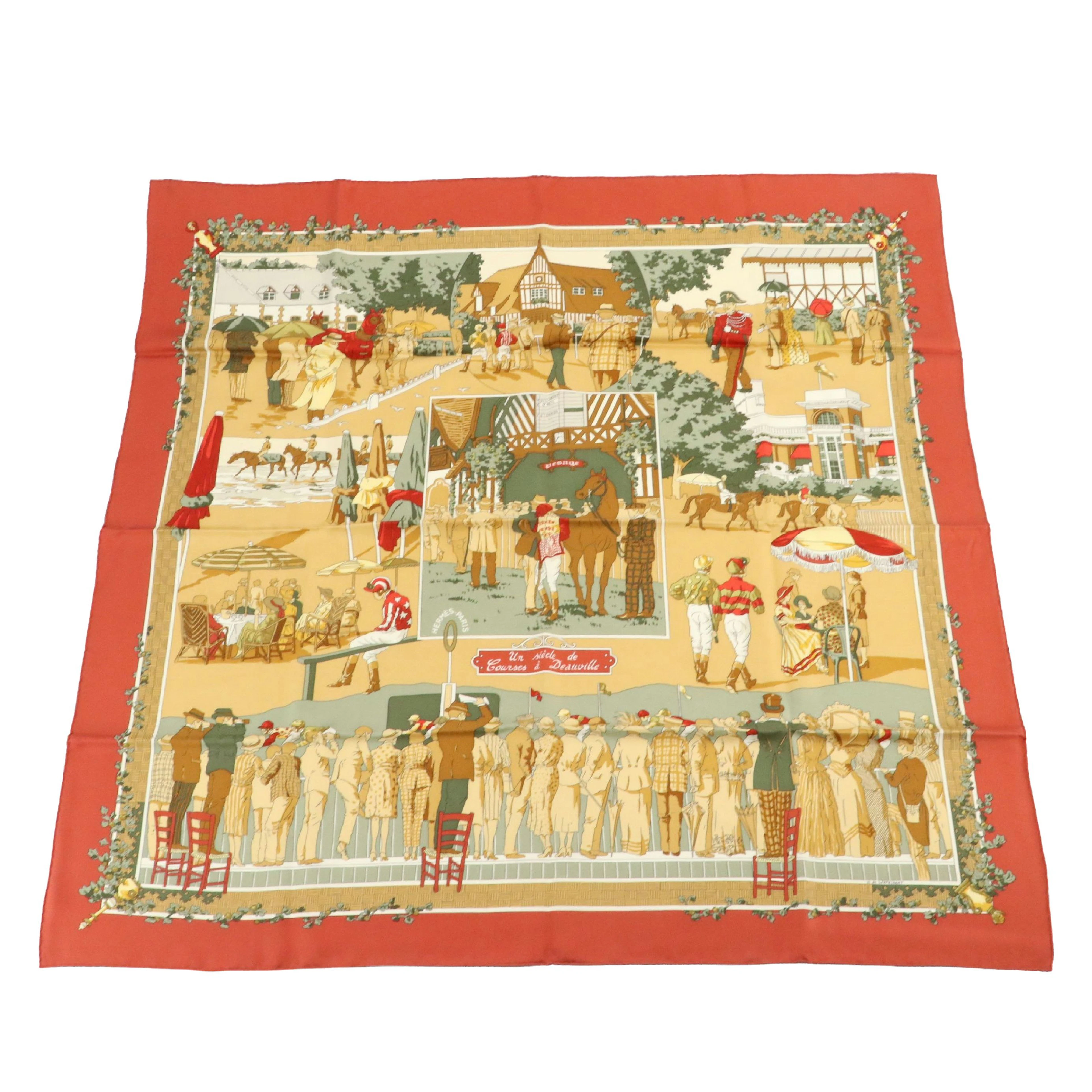 Hermès "Un Siècle de Courses à Deauville" Scarf 90 in Silk Twill with Box