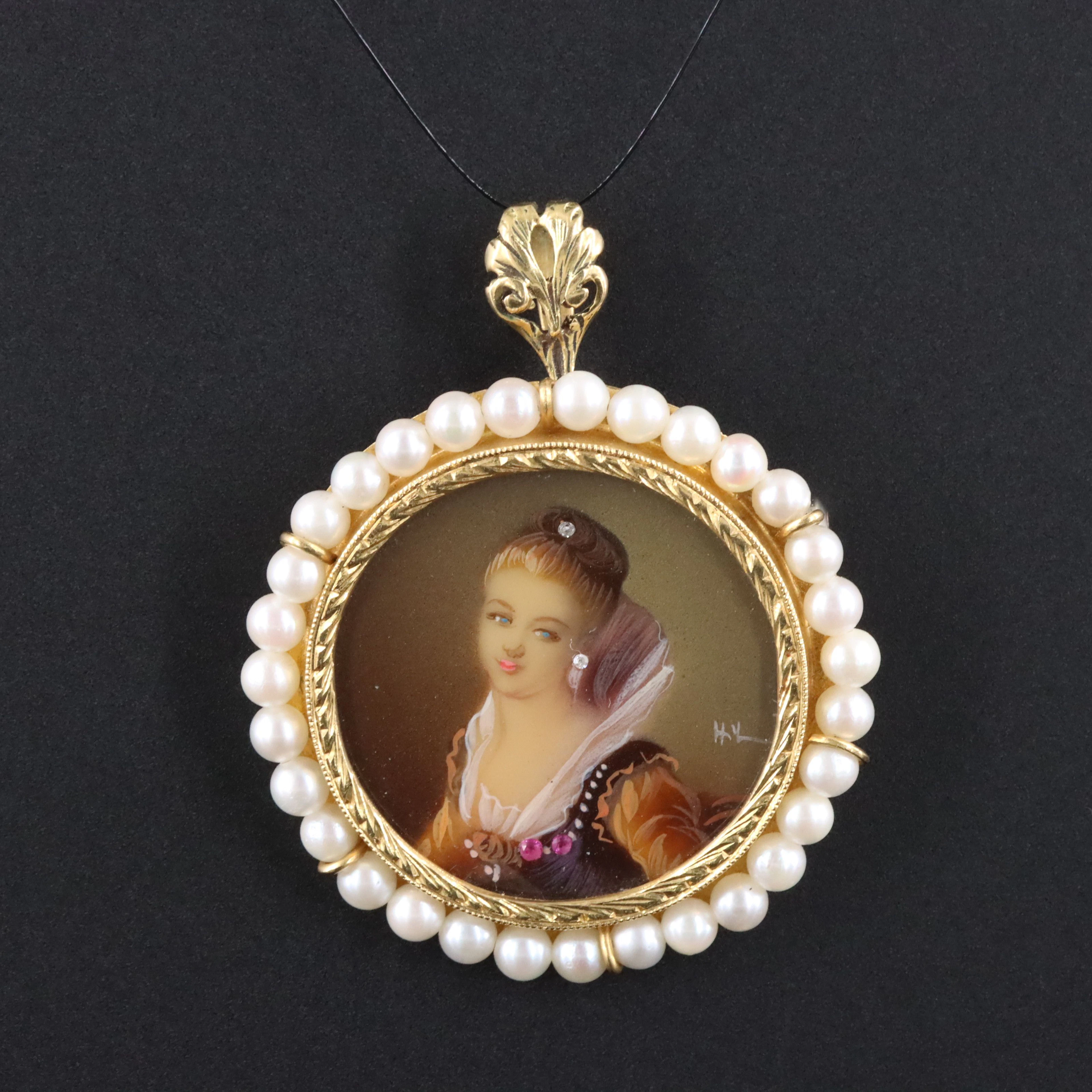 Italian 18K Portrait Brooch/Pendant with Pearl Border, Diamond & Ruby Accents