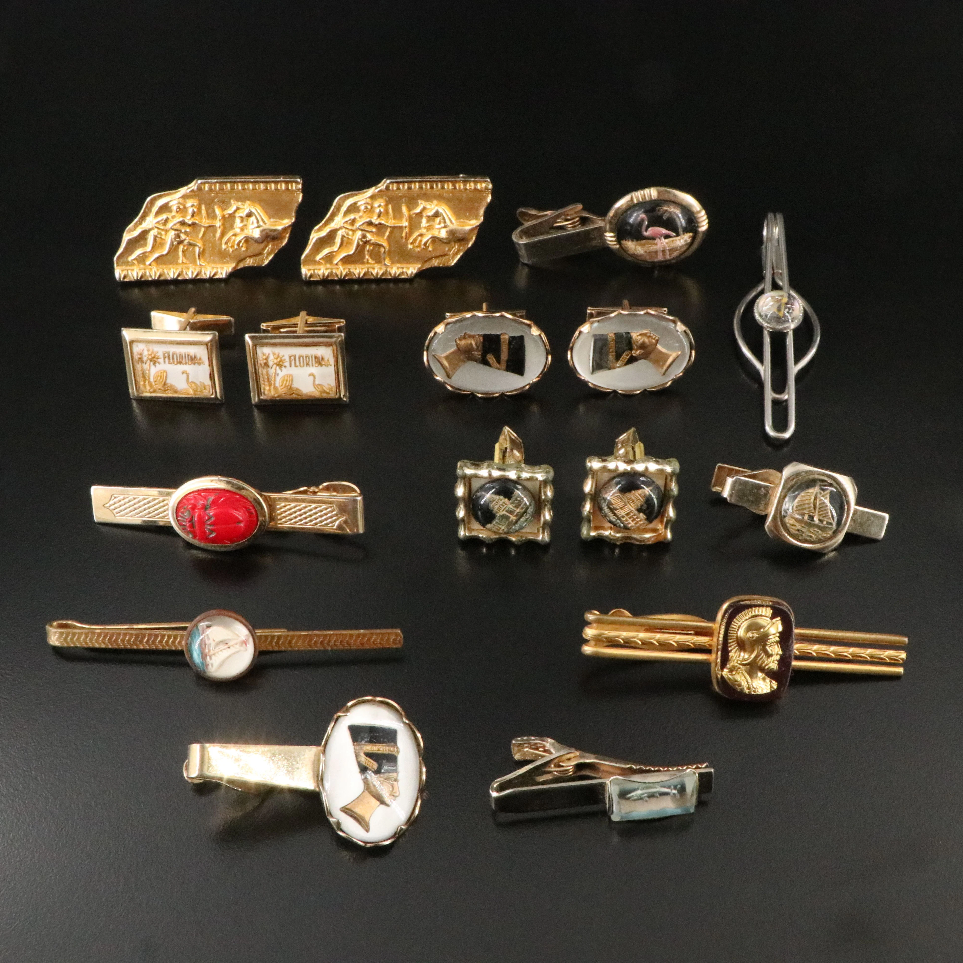 Reverse Painted Cufflinks & Tie Clips Including Egyptian Revival & Nautical