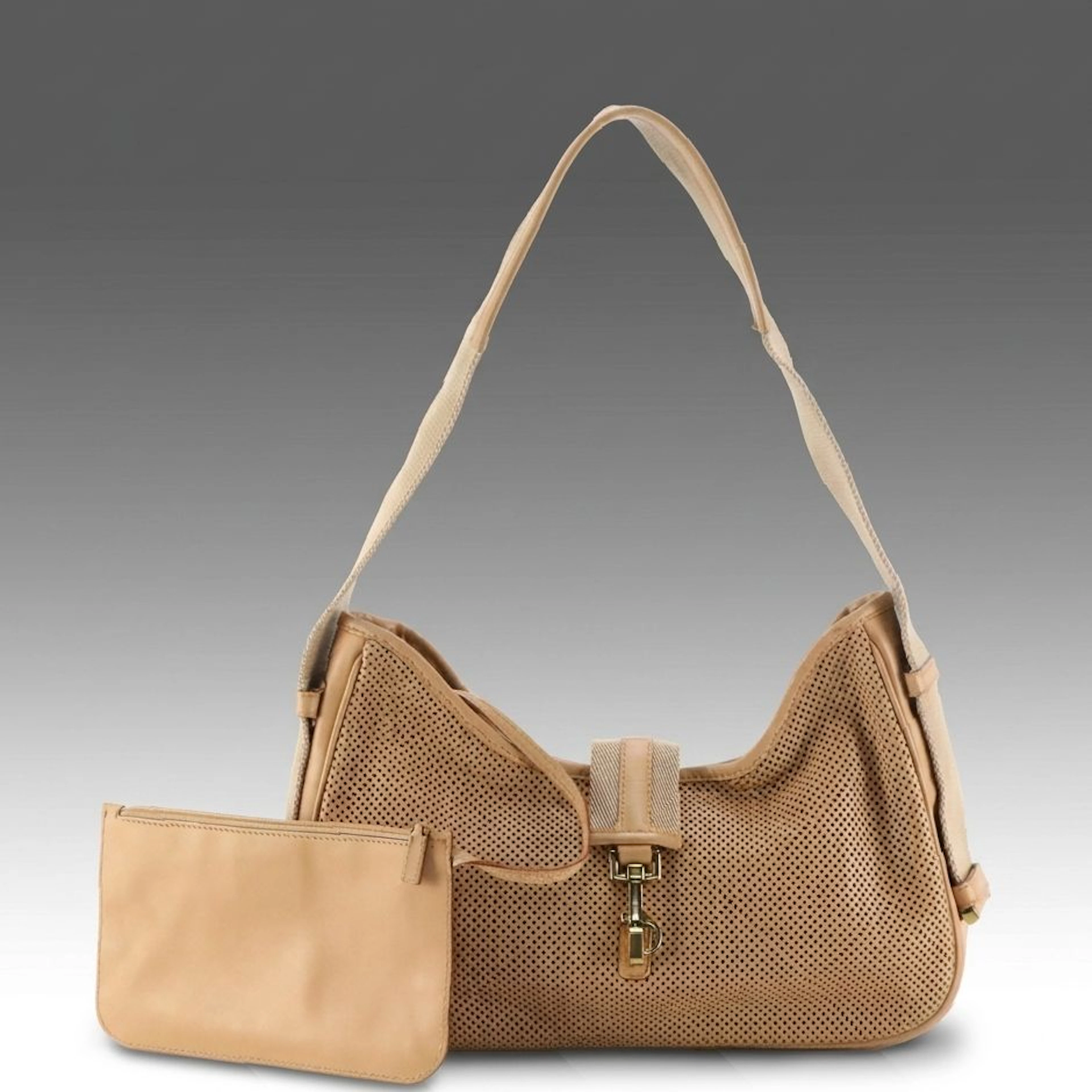 Gucci Perforated and Smooth Leather Web Strap Jackie Bag with Zip Pouch