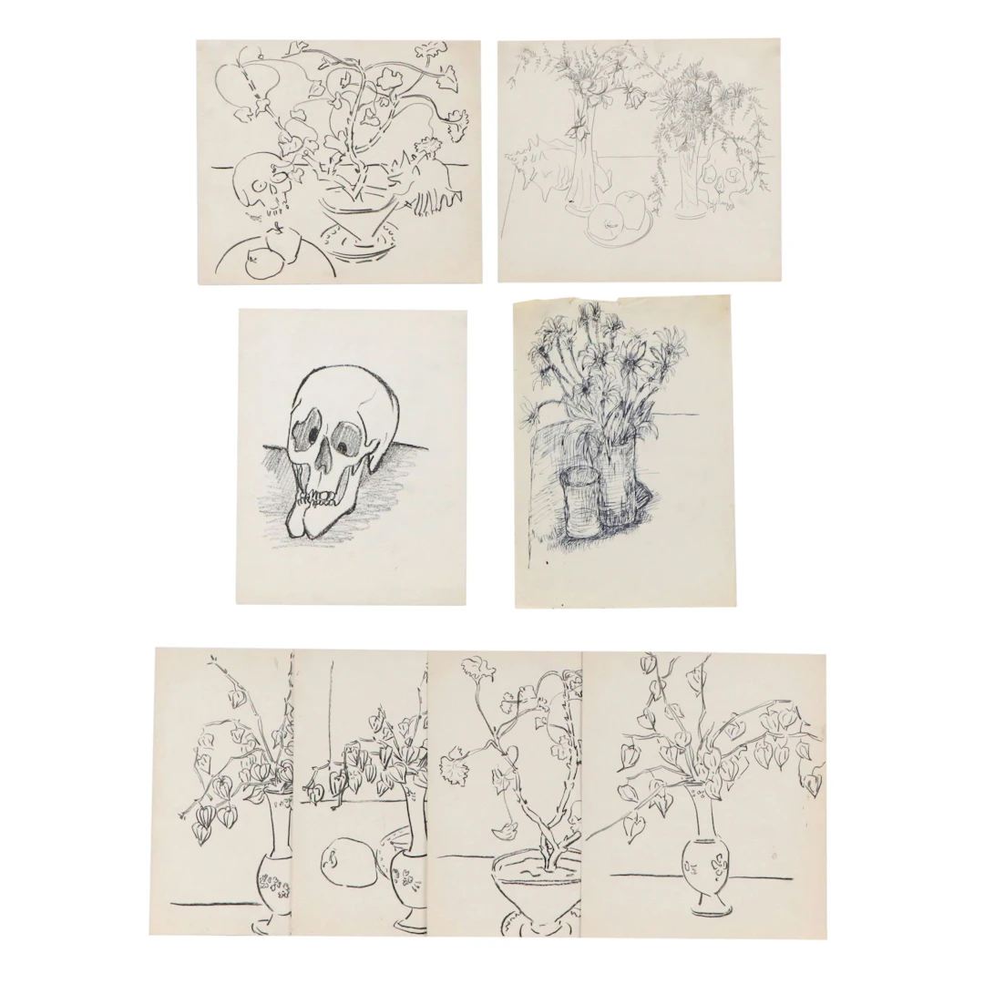 Achillo “Achi” Sullo Pastel, Ink, and Graphite Drawings of Flowers and Skulls