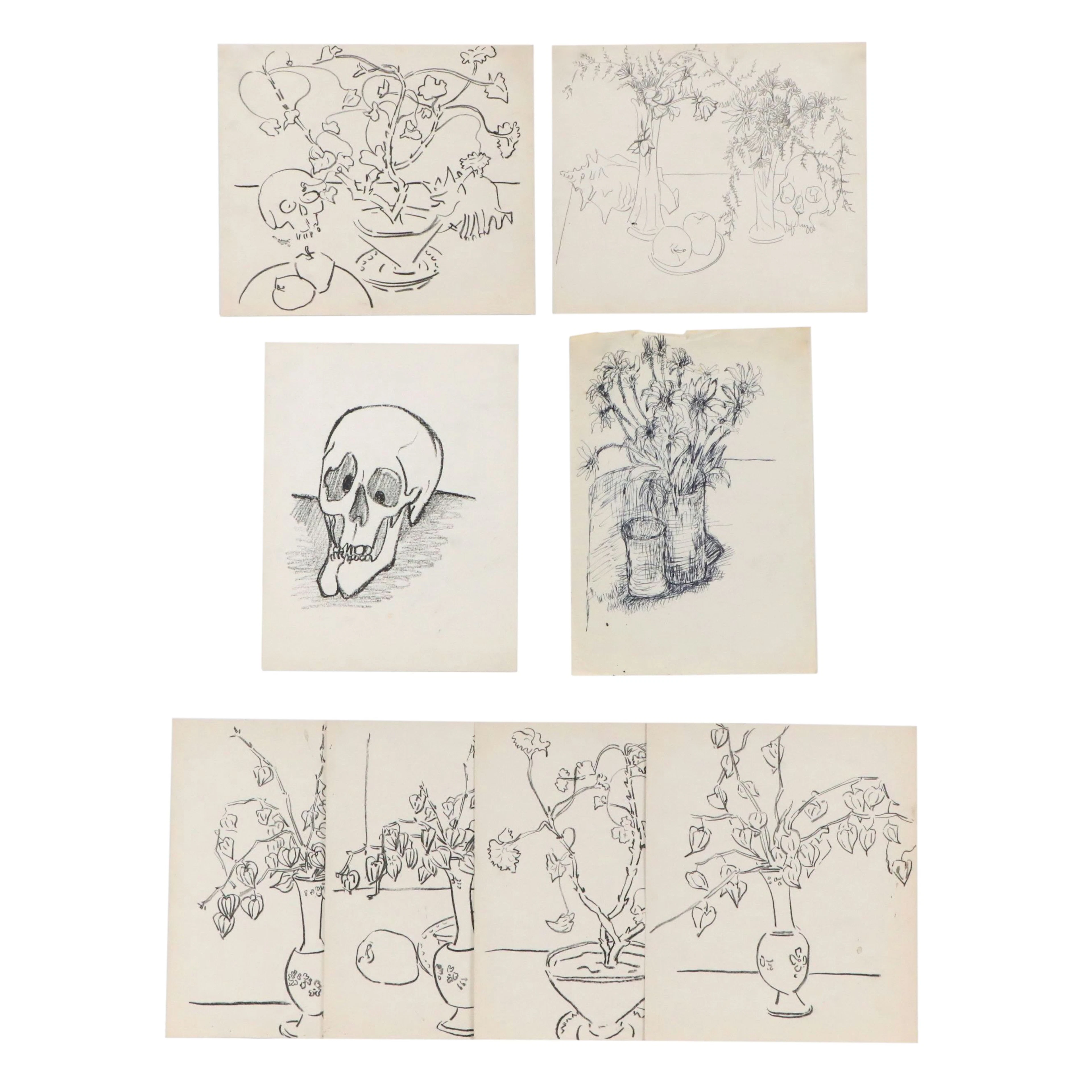 Achillo “Achi” Sullo Pastel, Ink, and Graphite Drawings of Flowers and Skulls