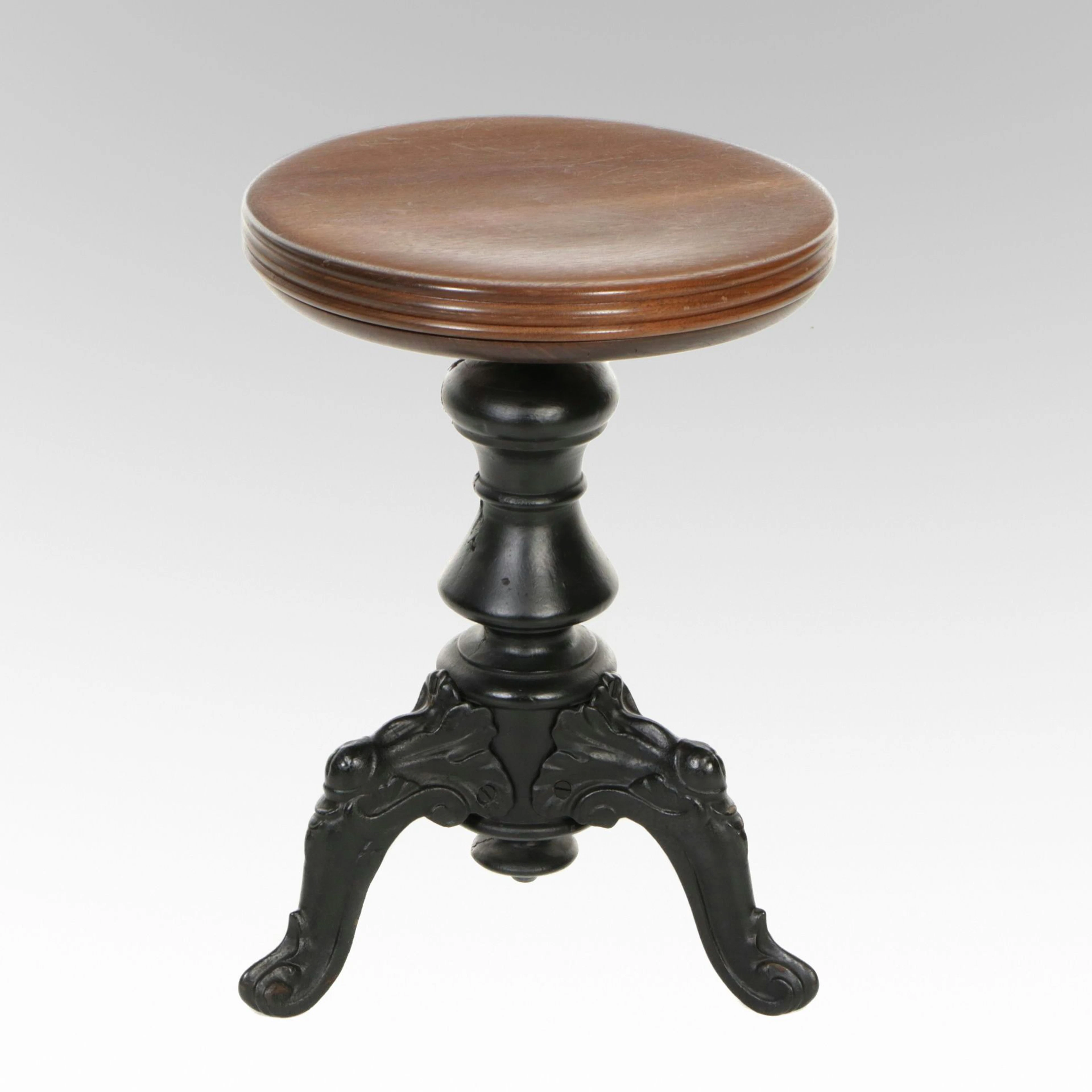 Victorian Style Cast Iron Adjustable Piano Stool with Walnut Seat