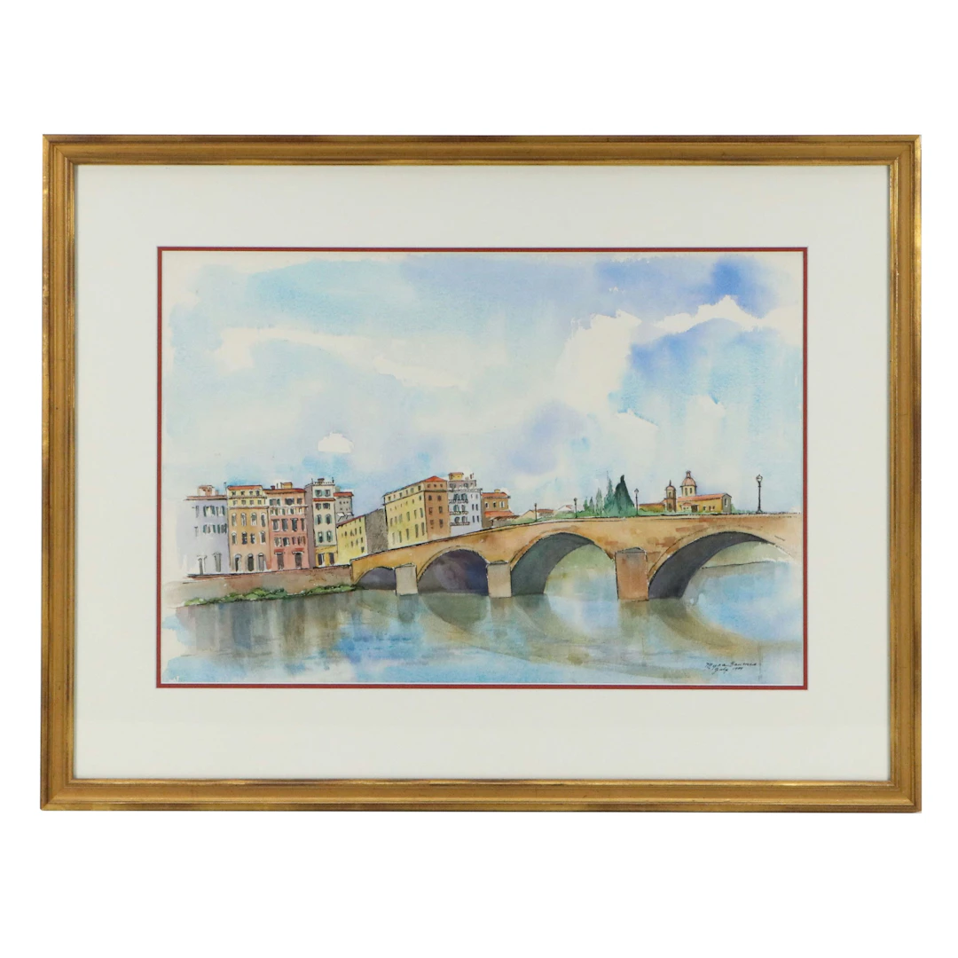 Myra Baumes Landscape Watercolor Painting of Bridge and Cityscape