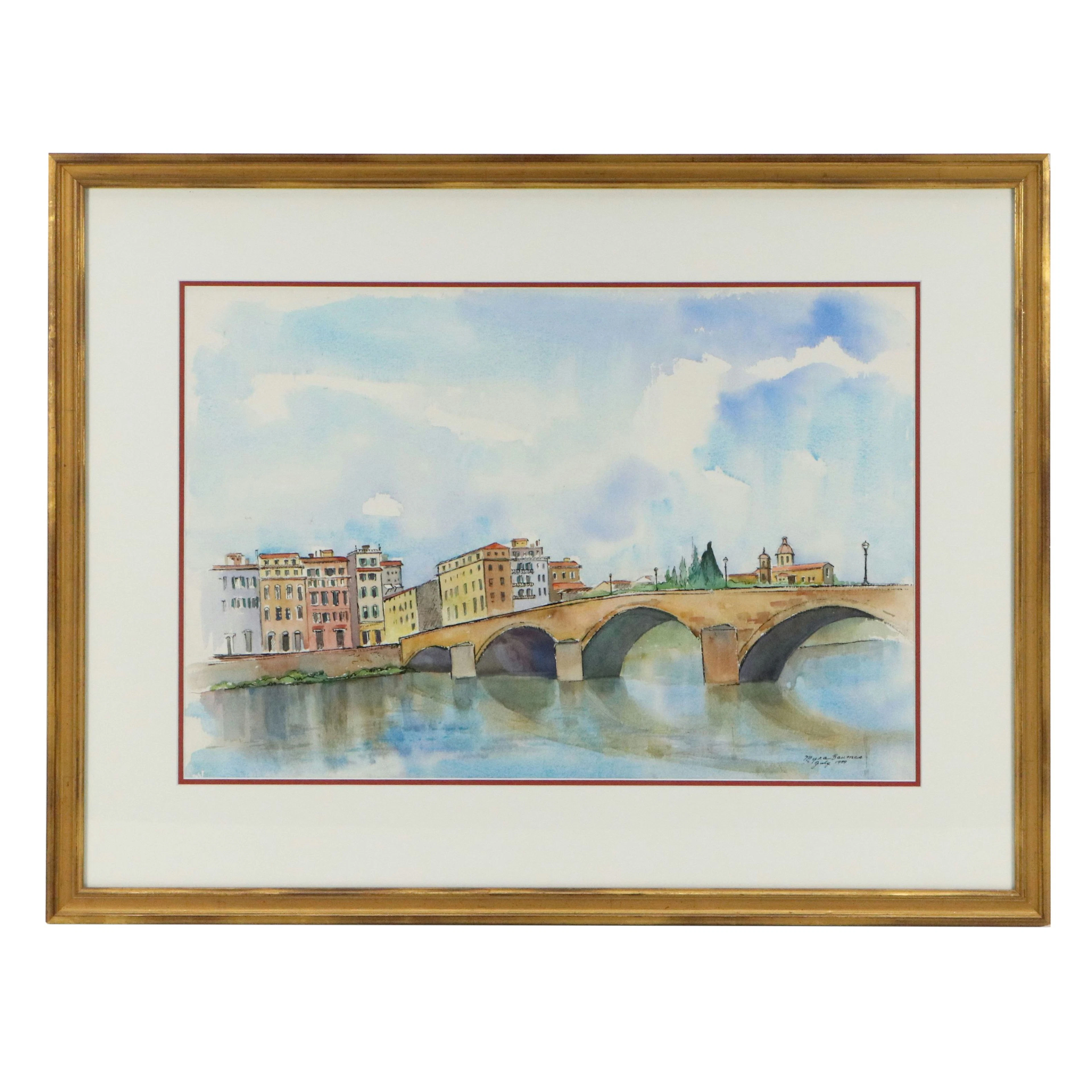 Myra Baumes Landscape Watercolor Painting of Bridge and Cityscape
