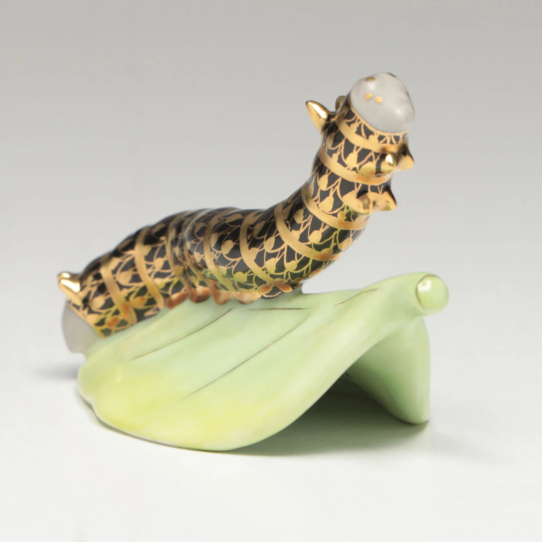 Herend Black Fishnet with Gold “Caterpillar on Leaf” Porcelain Figurine