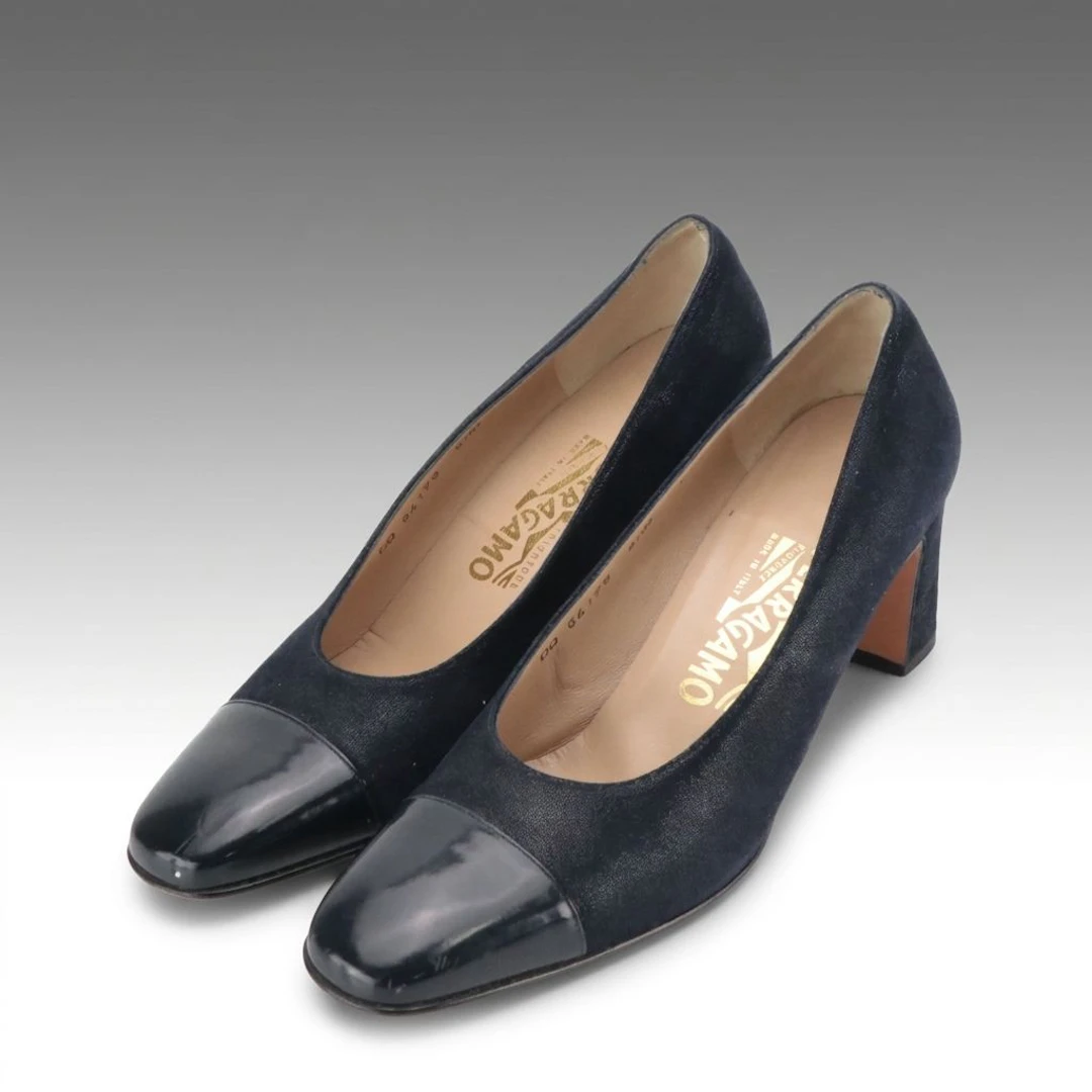 Salvatore Ferragamo Navy Glitter-Effect Suede/Leather Cap Toe Pumps