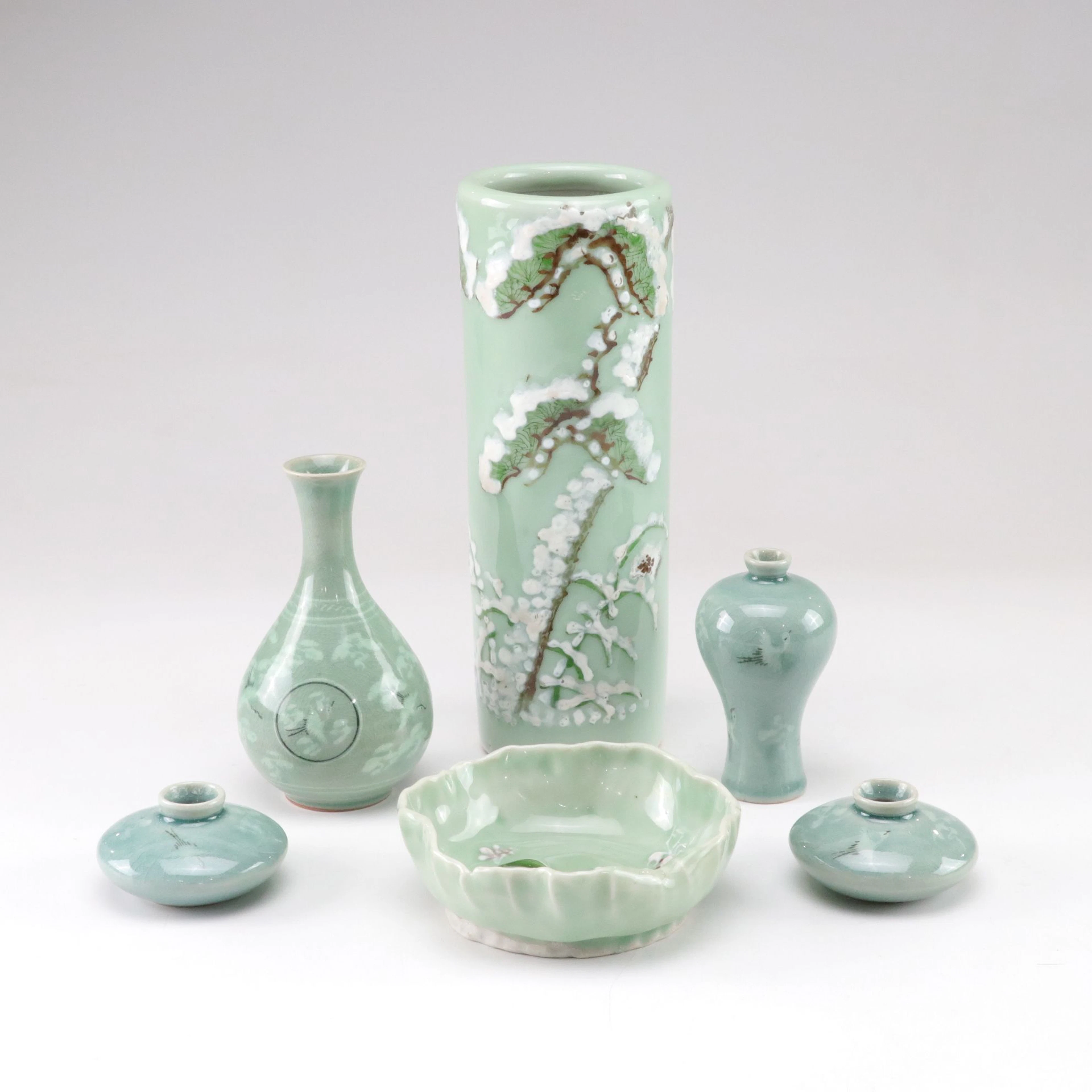 Korean Porcelain Celadon with Cranes on Bud Vases with Other Decor