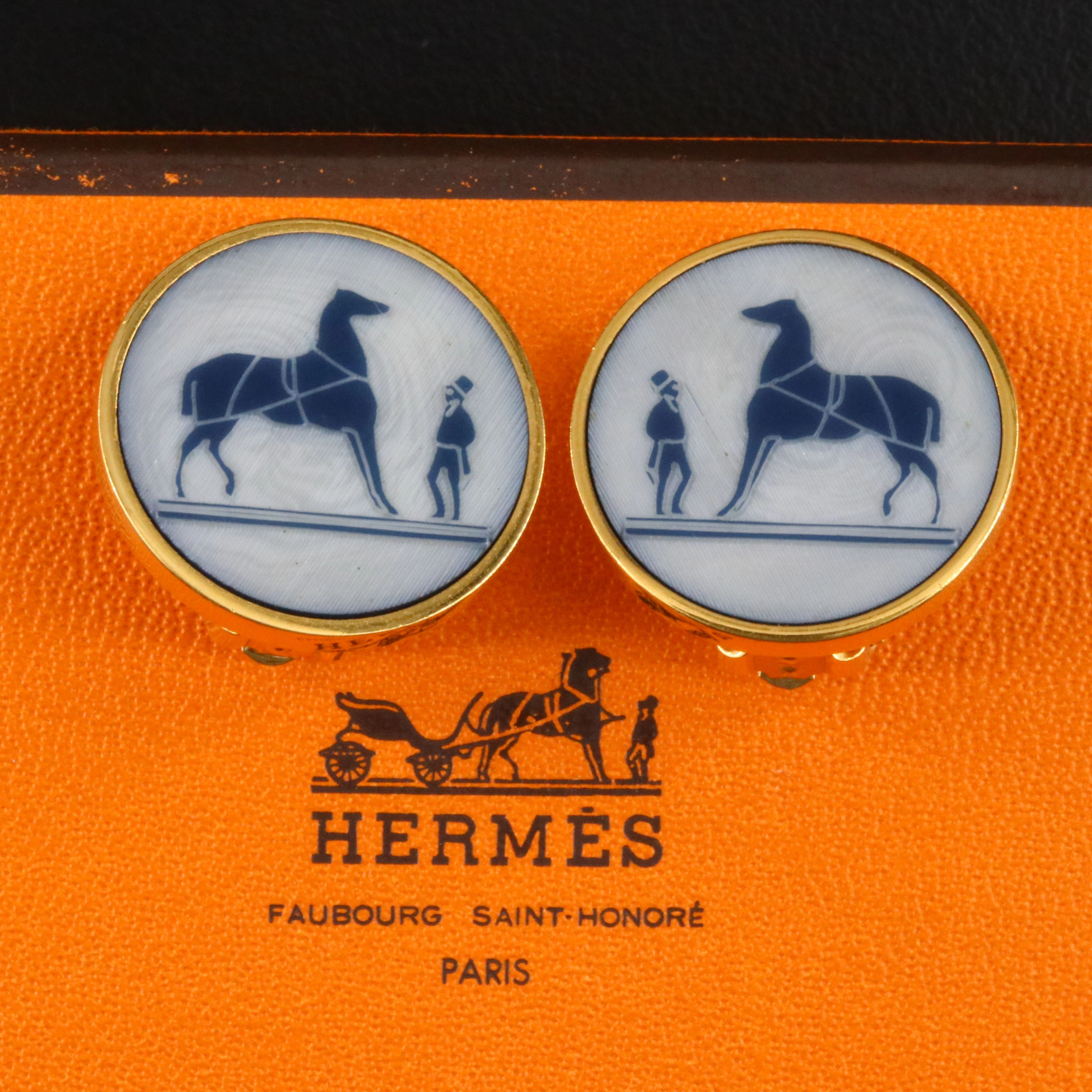 Hermès Corozo Blue Glass Clip Earrings