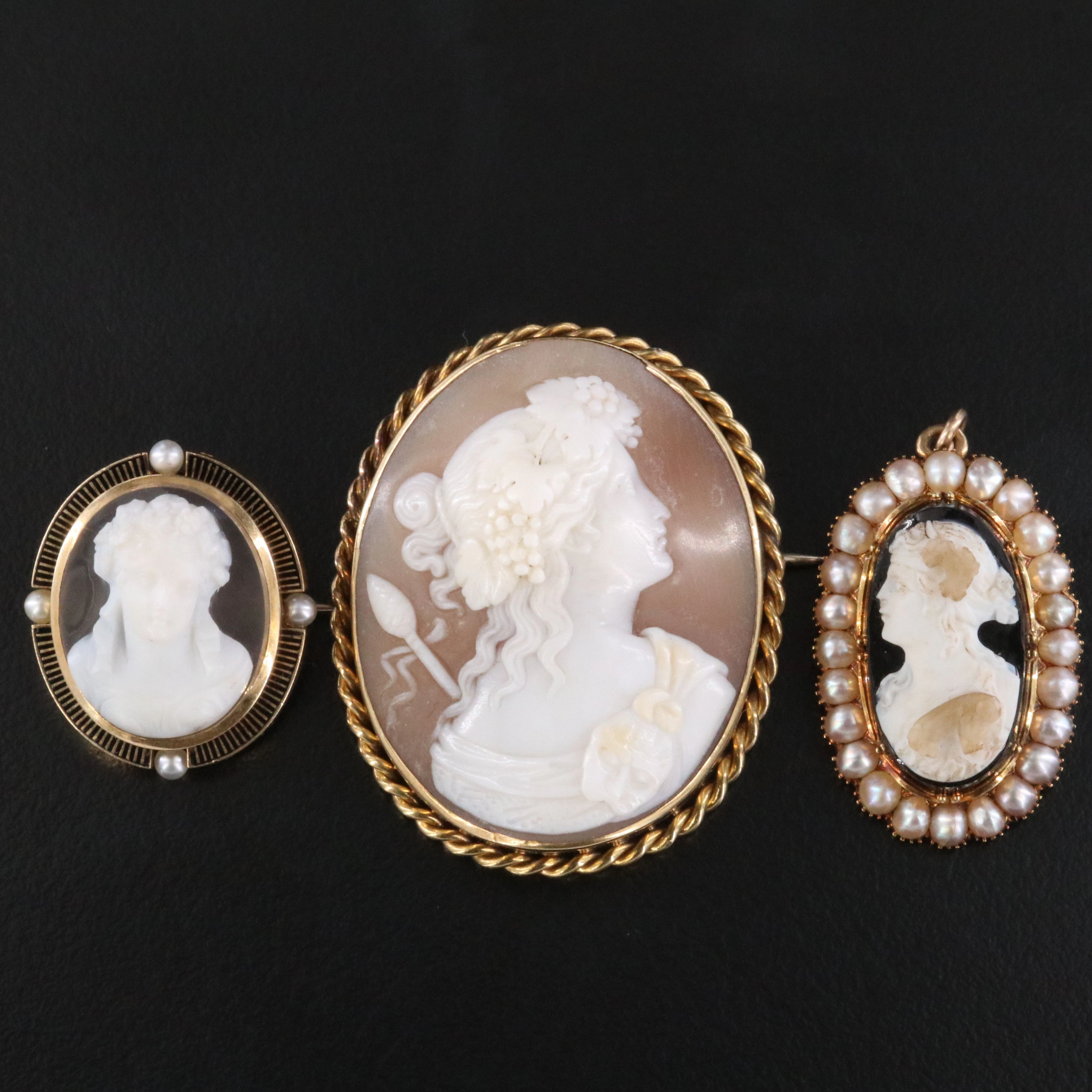 Victorian Greco-Roman Revival 14K Dionysus Onyx and Shell Cameo Brooch & Pins