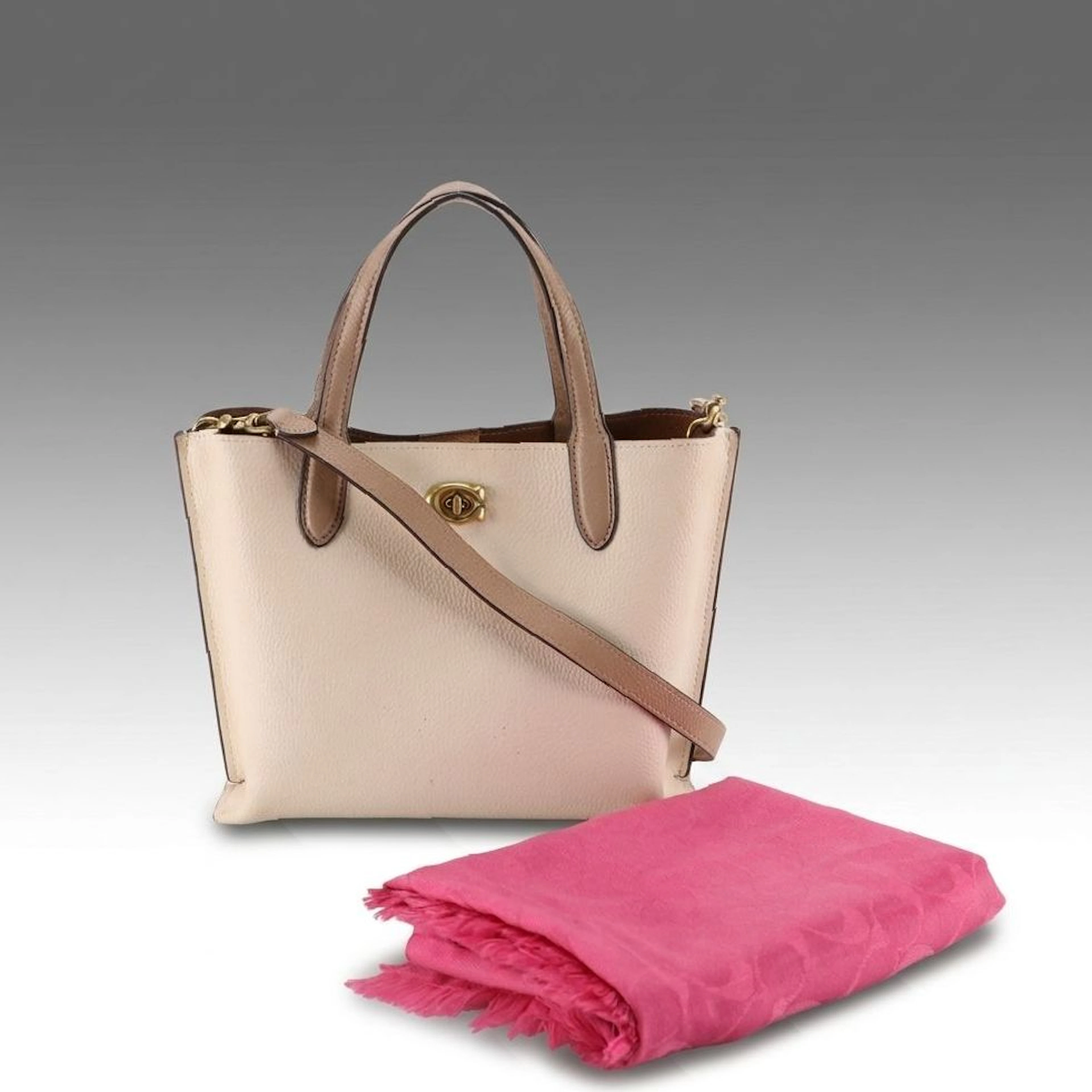 Coach Willow Two-Way Tote Bag in Bicolor Pebbled Leather and Jacquard Scarf